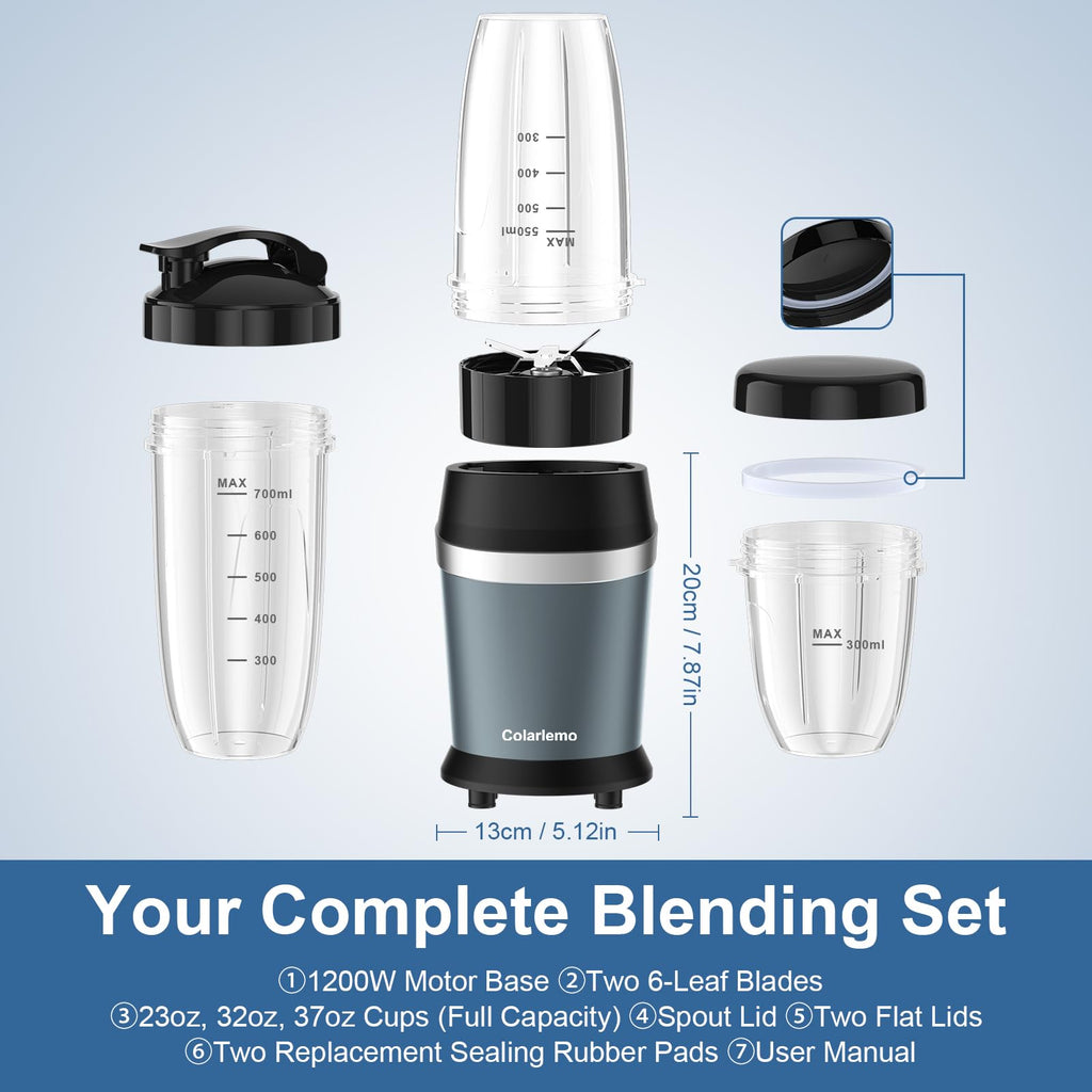 Colarlemo 12-Piece Smoothie Blender Maker 25,000 RPM Personal Blender for Ice Crushing Smoothies & Frozen Drinks Nuts with 23oz, 32oz, 37oz Portable Cups Two 6-Leaf Stainless Steel Blades, Silver