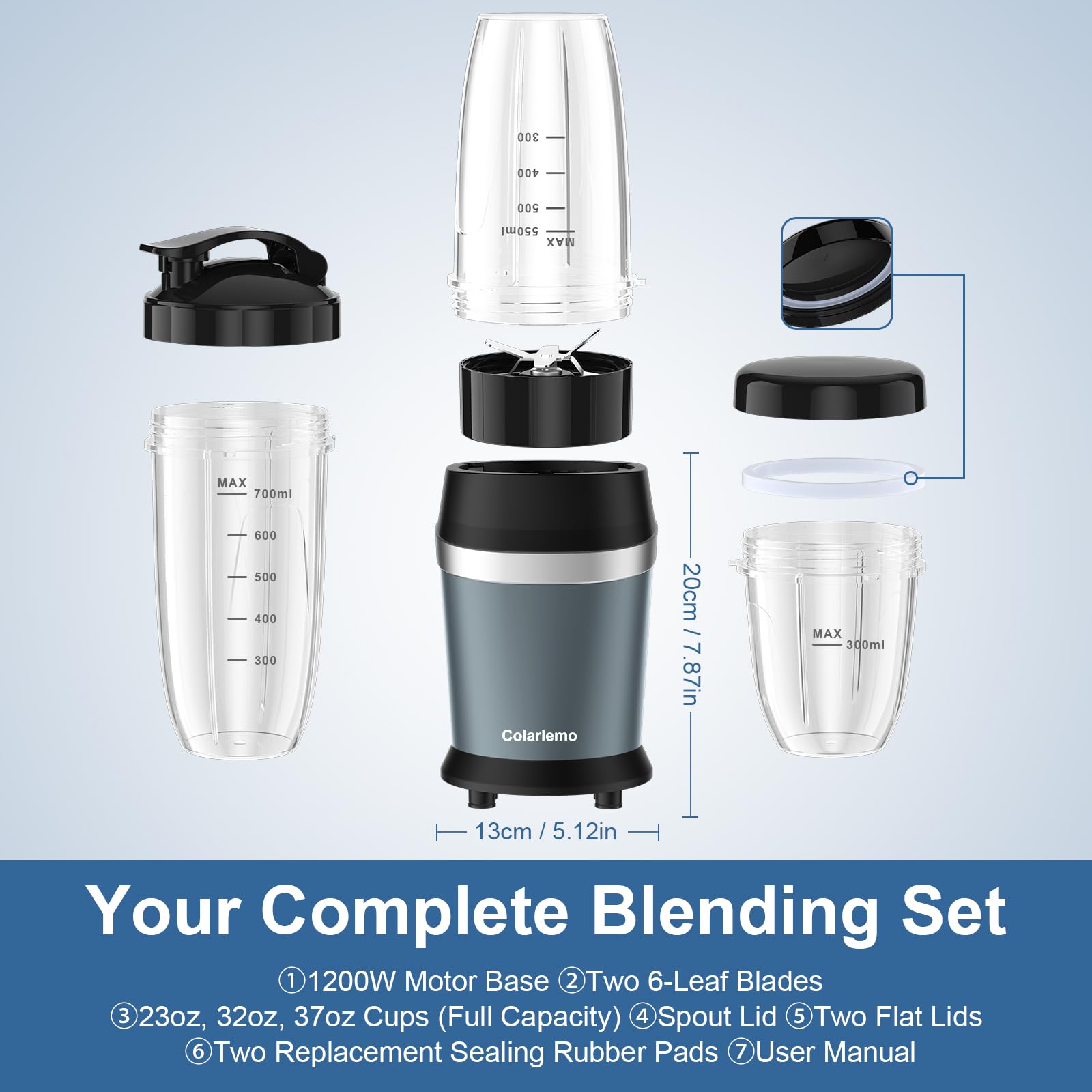 Colarlemo 12-Piece Smoothie Blender Maker 25,000 RPM Personal Blender for Ice Crushing Smoothies & Frozen Drinks Nuts with 23oz, 32oz, 37oz Portable Cups Two 6-Leaf Stainless Steel Blades, Silver