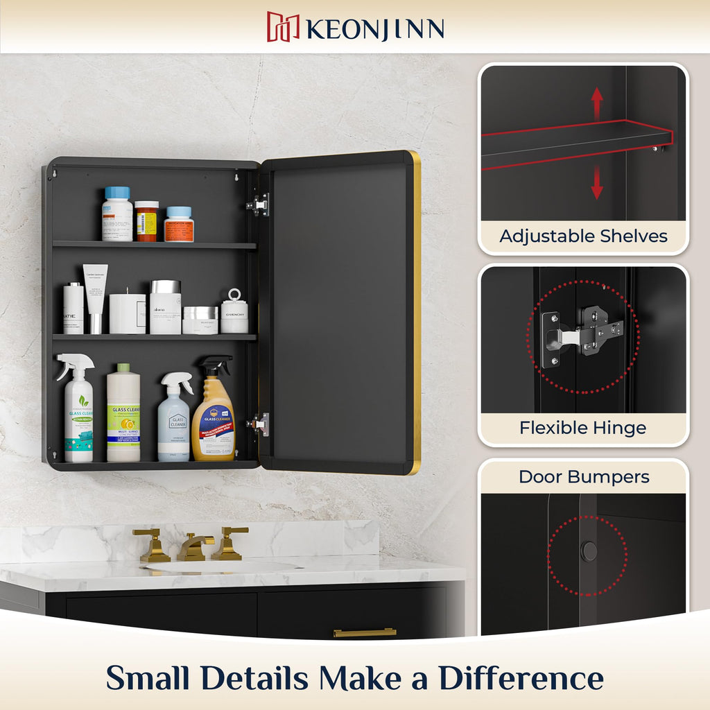 Keonjinn 15 x 36 Inch Black Slim Medicine Cabinets, Narrow Bathroom Side Medicine Cabinet with Mirror, Stainless Steel Framed, Adjustable Shelves, Recessed or Wall Mount, Modern Farmhouse