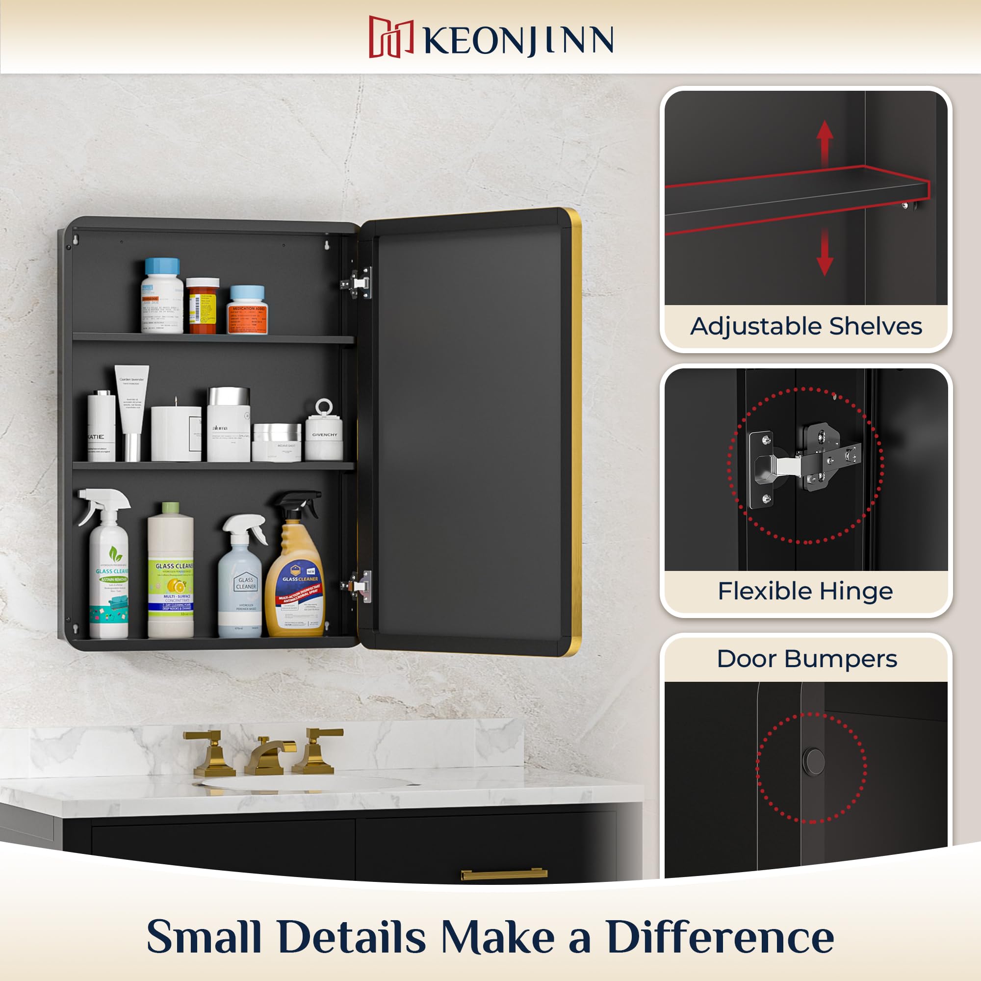 Keonjinn 15 x 36 Inch Black Slim Medicine Cabinets, Narrow Bathroom Side Medicine Cabinet with Mirror, Stainless Steel Framed, Adjustable Shelves, Recessed or Wall Mount, Modern Farmhouse
