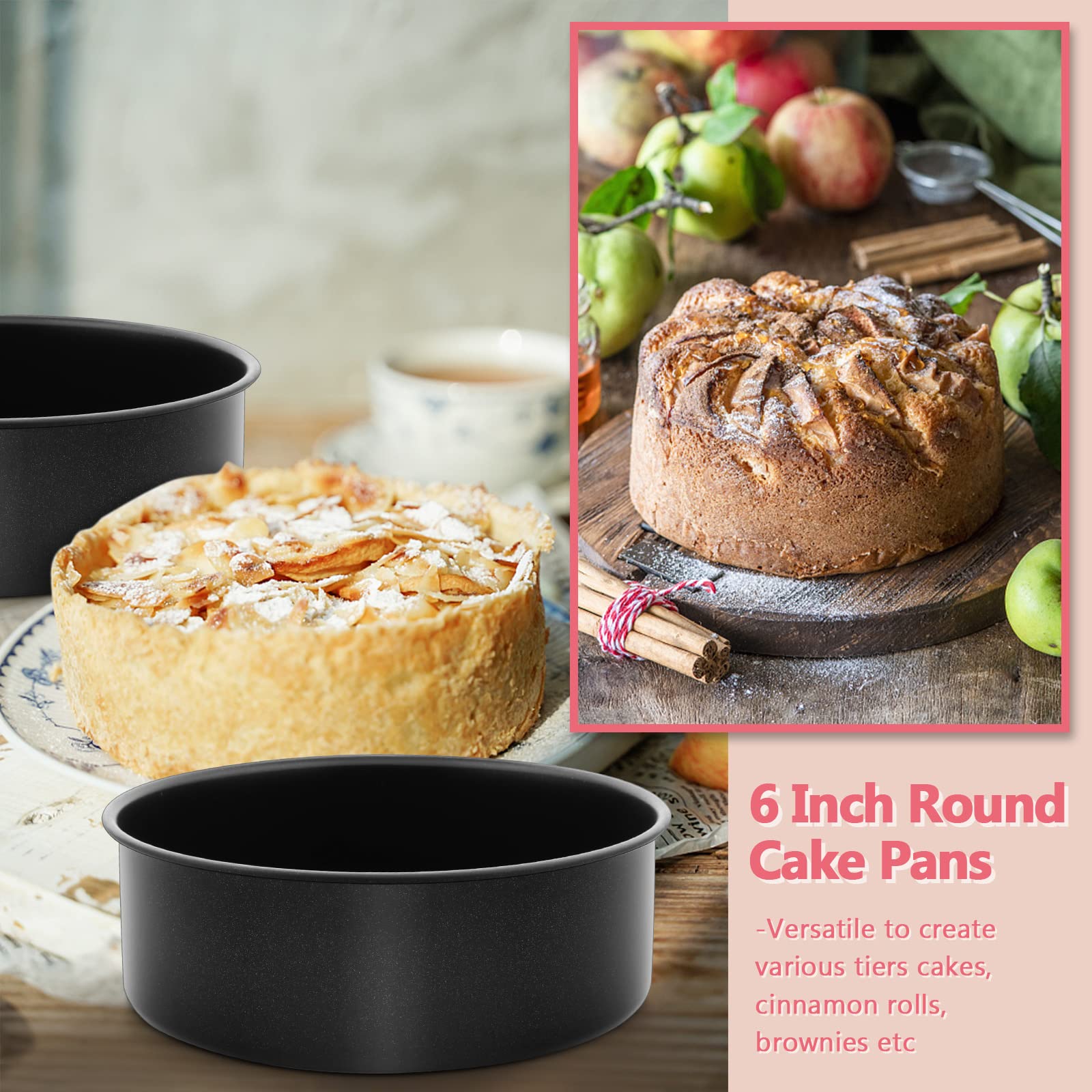E-far 4 Inch Cake Pan Set of 3, Nonstick Stainless Steel Mini Round Cake Pans Tin, Small Size for Baking Smash Cakes/Cheesecake, Stainless Steel Core & Non-toxic Coating, Straight Side & 2 Inch Deep