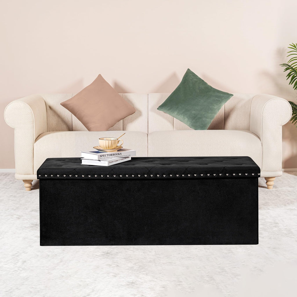 PINPLUS Folding Storage Ottoman Bench, Folding Velvet Tuffed Foot Rest Stool with Rivet, End of Bed Bench Large Long Shoes Chest for Bedroom Entryway Living Room, Beige, 41.3 Inches