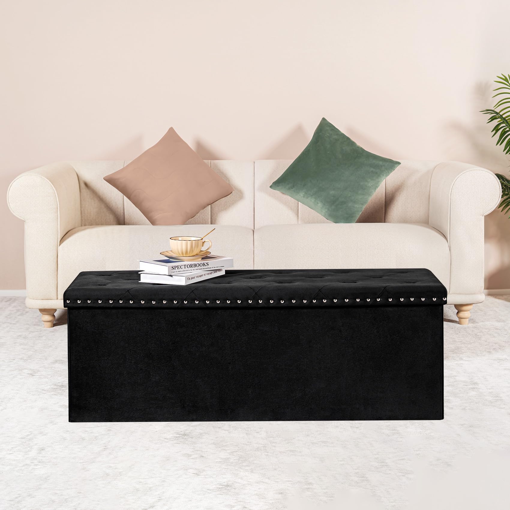 PINPLUS Folding Storage Ottoman Bench, Folding Velvet Tuffed Foot Rest Stool with Rivet, End of Bed Bench Large Long Shoes Chest for Bedroom Entryway Living Room, Beige, 41.3 Inches