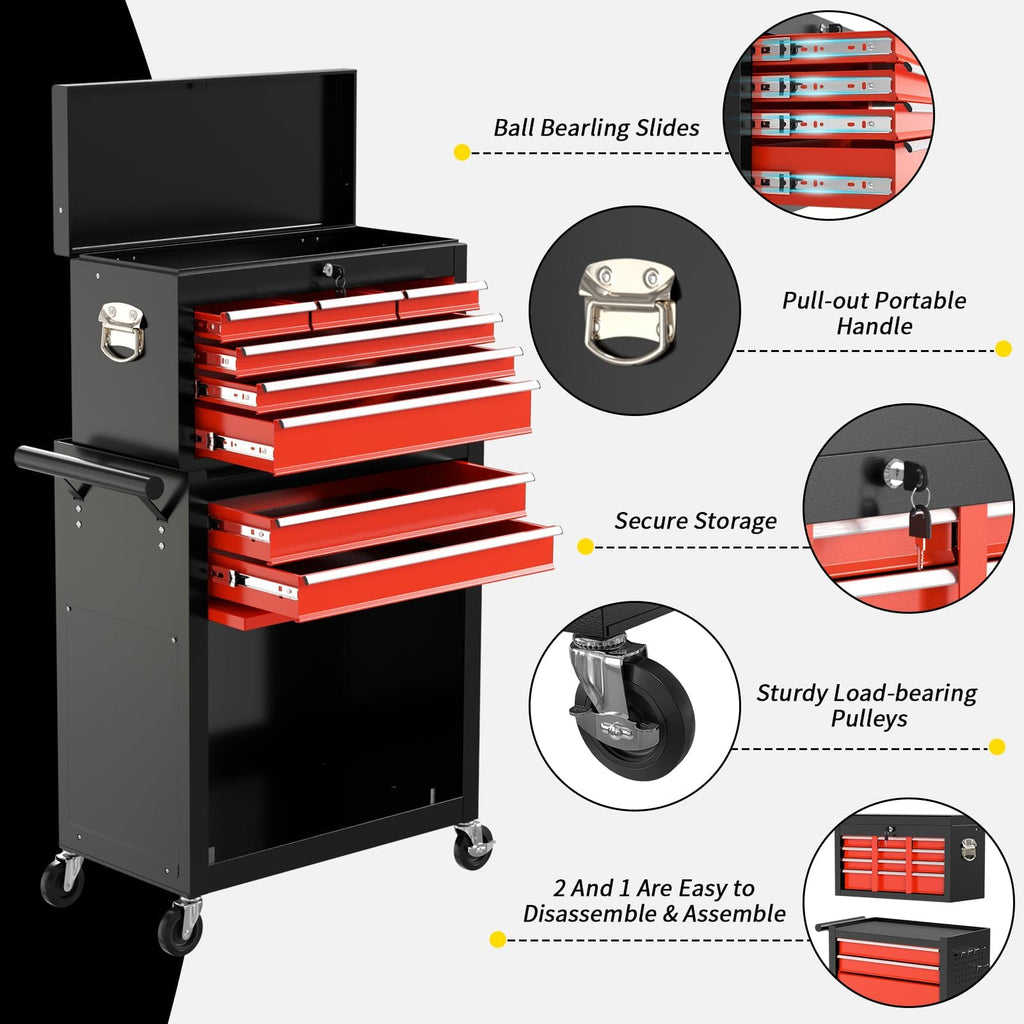 On Shine 8 Drawer Rolling Tool Chest, Large Capacity Rolling Tool Box with Wheels, Locking Mechanical Tool Chest, Portable Tool Box with Sliding Drawers for Garage Workshop and Tool Room (Black)