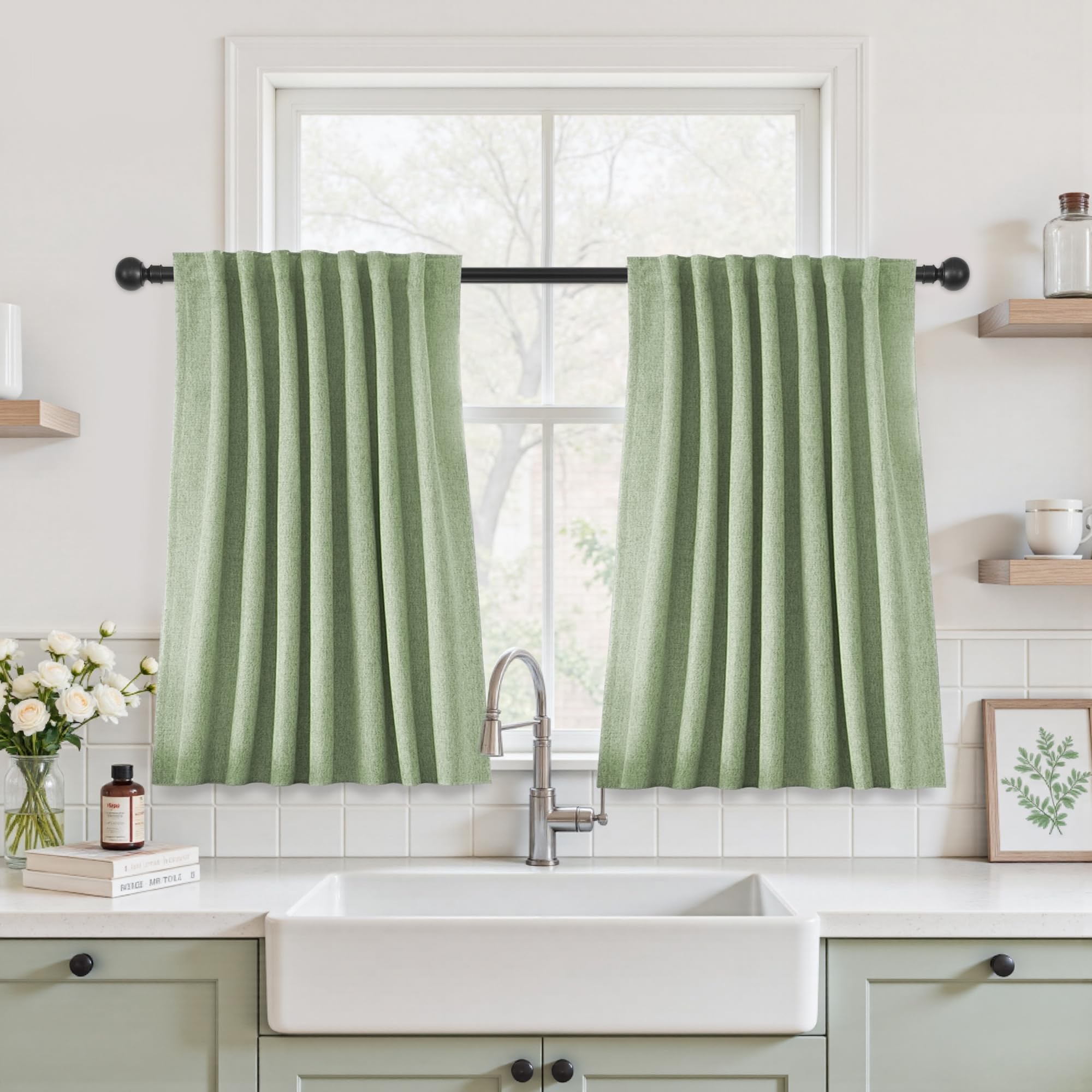 UHITECH Short Linen Curtains 24 Inch Long for Farmhouse Small Windows Modern Cafe Sytle Blackout Curtains for Living Room Back Tab Thermal Black Out Drapes 2ft