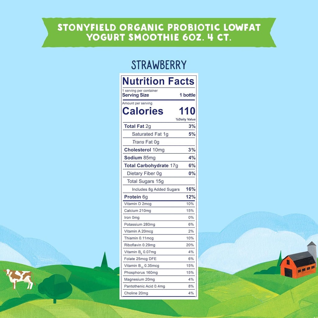Stonyfield Organic, Low Fat Strawberry Smoothie, 6 oz, 4 Count