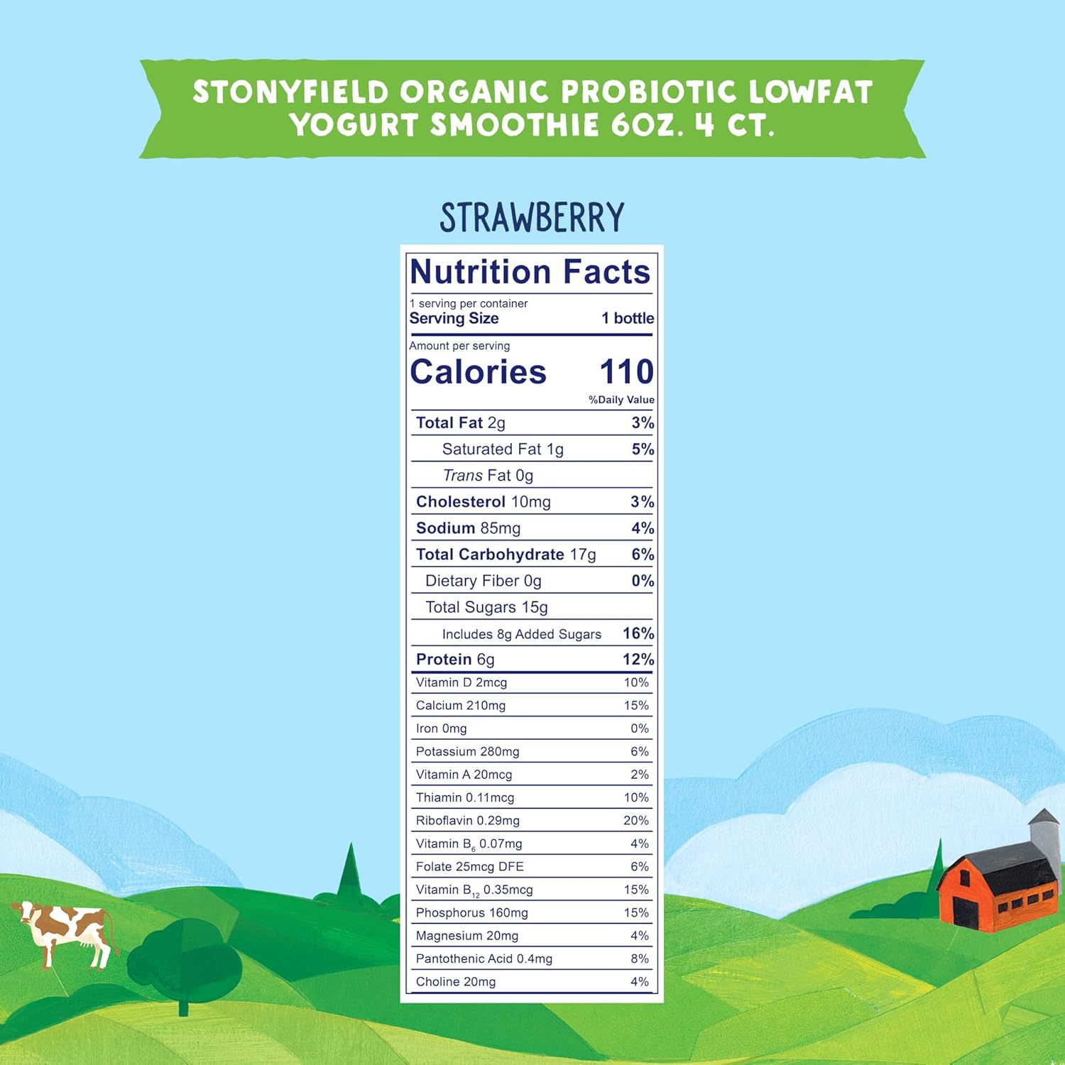Stonyfield Organic, Low Fat Strawberry Smoothie, 6 oz, 4 Count