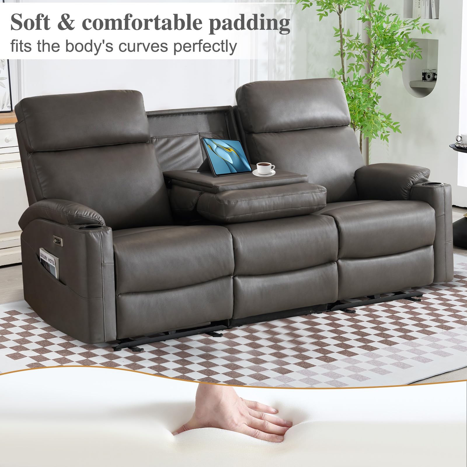 Power Reclining Sofa - 3 Seater Recliner Sofás, PU Leather Sofa, Home Theater Seating with Flipped Middle Backrest, Power Recliner Couch for Living Room(Brown)