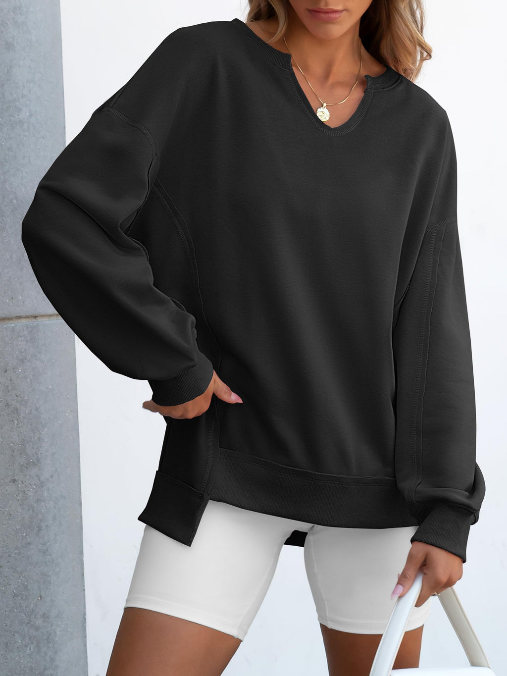 ANRABESS Women's Long Sleeve V-Neck Oversized Sweatshirts | Soft Lightweight Loose Fit Pullover Tops, Casual School Workout Office Tunic Shirts, Teen Girls Outfit, Fall Winter Clothes