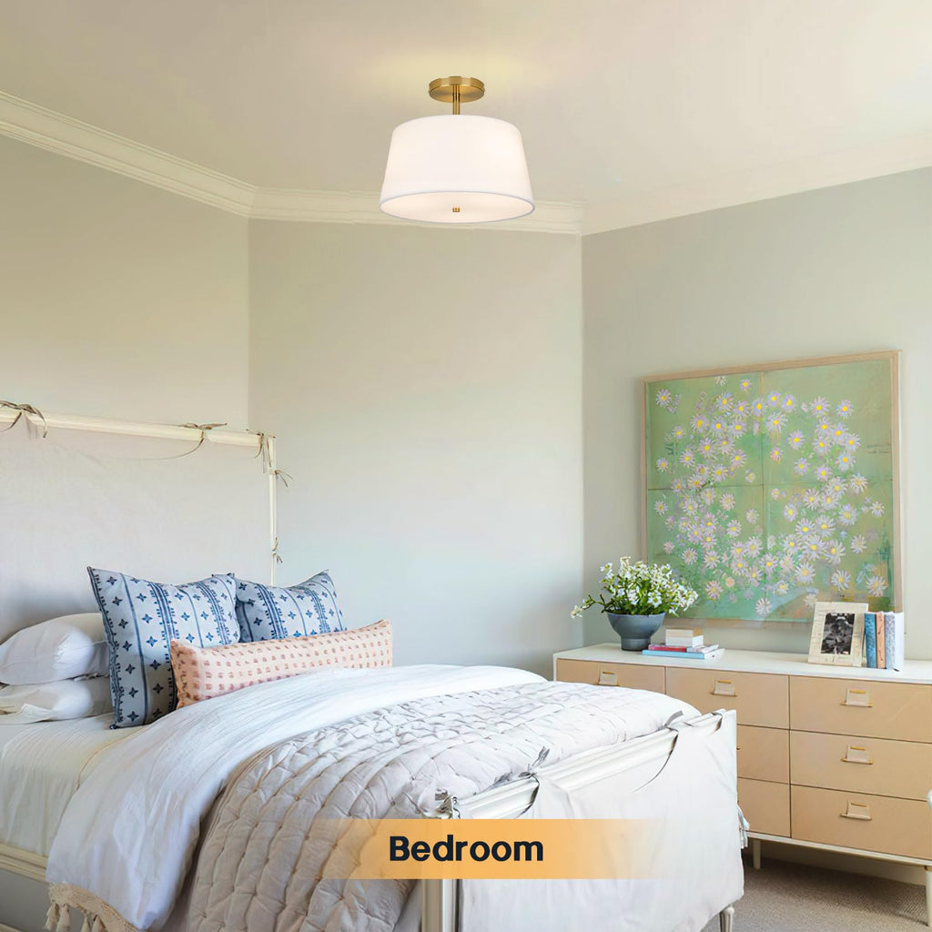 CALOKES Semi Flush Mount Ceiling Light, 11.8" Modern 3-Light Fixture with Petal-Shaped Cream White Fabric Shade and Golden Support Arm, Ideal for Bedroom, Kitchen, Living Room, Hallway, and Entryway