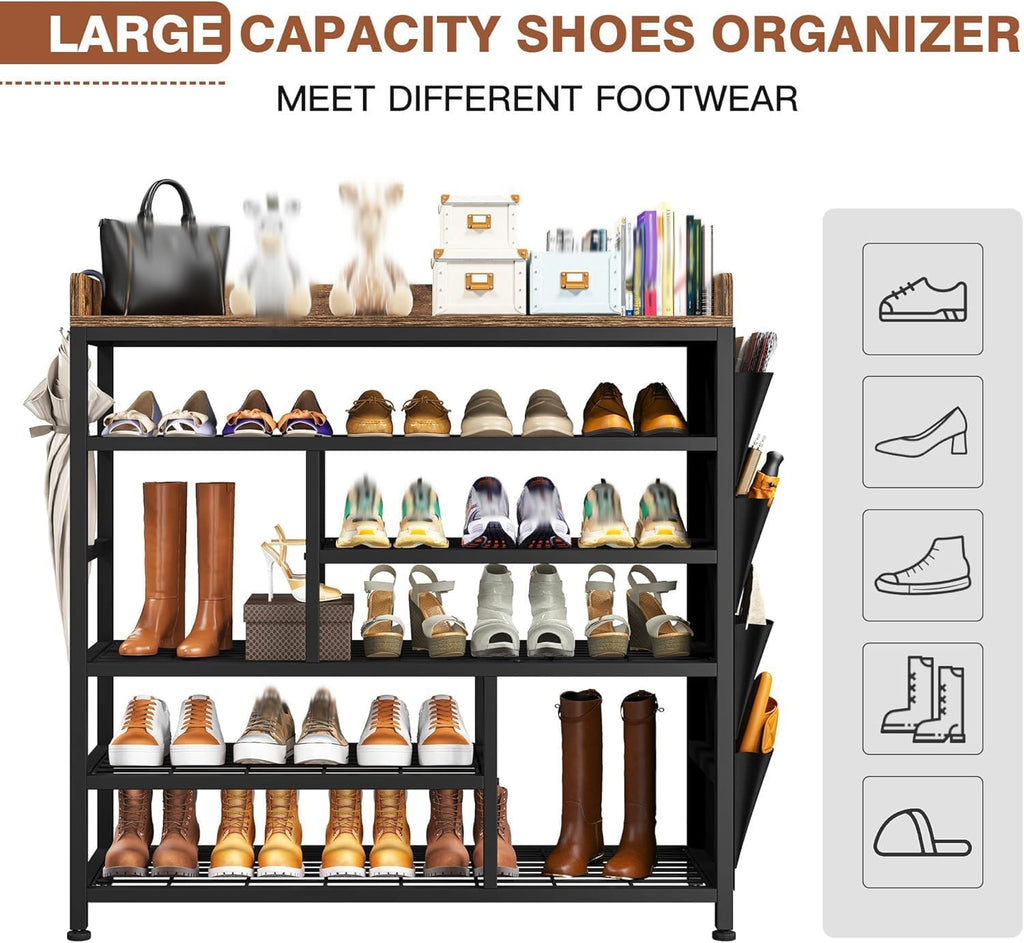 EnHomee Shoe Rack for Entryway, 6 Tier Shoe Organizer with Adjustable Shelves, 22 Pairs, Shoe Shelf with Wooden Top and Side Pocket for Closet, Entryway, Living Room, Rustic Brown & Black
