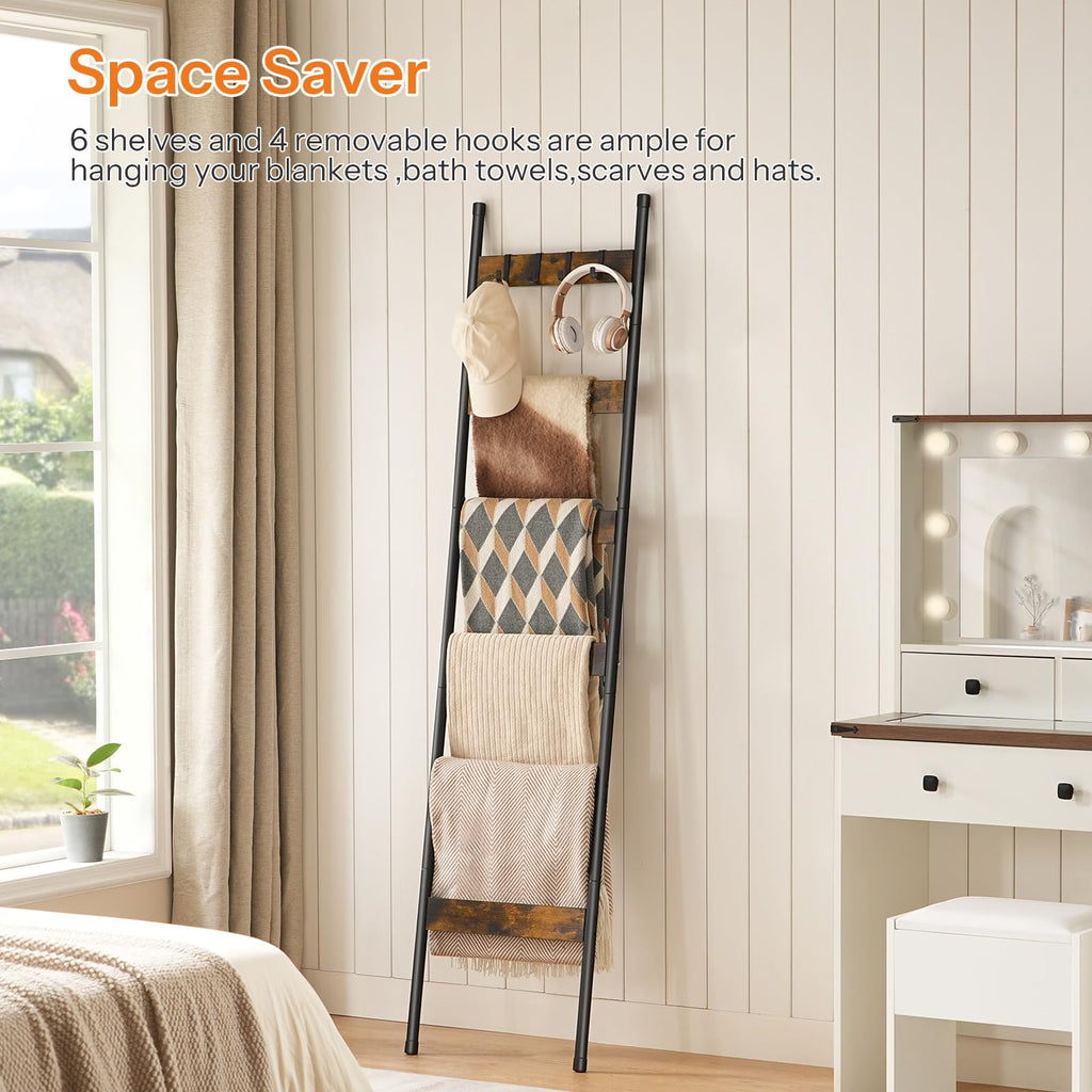 HOOBRO Blanket Ladder, 5-Tier Towel Rack with Hooks, Wall-Leaning Blanket Rack, Decorative Display Ladder Shelf, Scarves, Industrial, Living Room, Bedroom, Black BB52CJ01