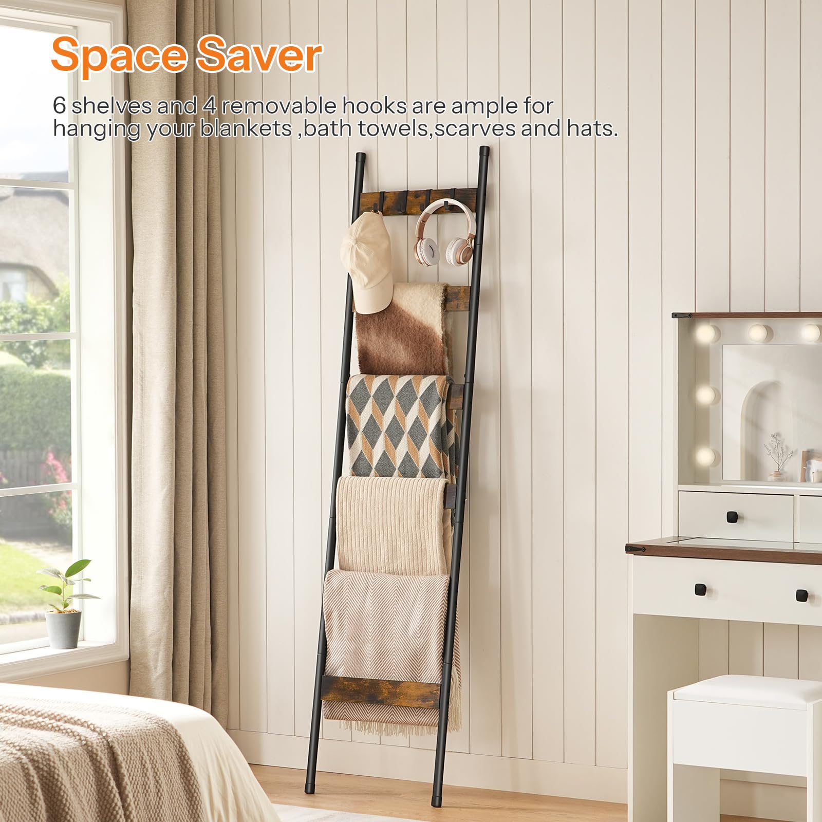 HOOBRO Blanket Ladder, 5-Tier Towel Rack with Hooks, Wall-Leaning Blanket Rack, Decorative Display Ladder Shelf, Scarves, Industrial, Living Room, Bedroom, Black BB52CJ01