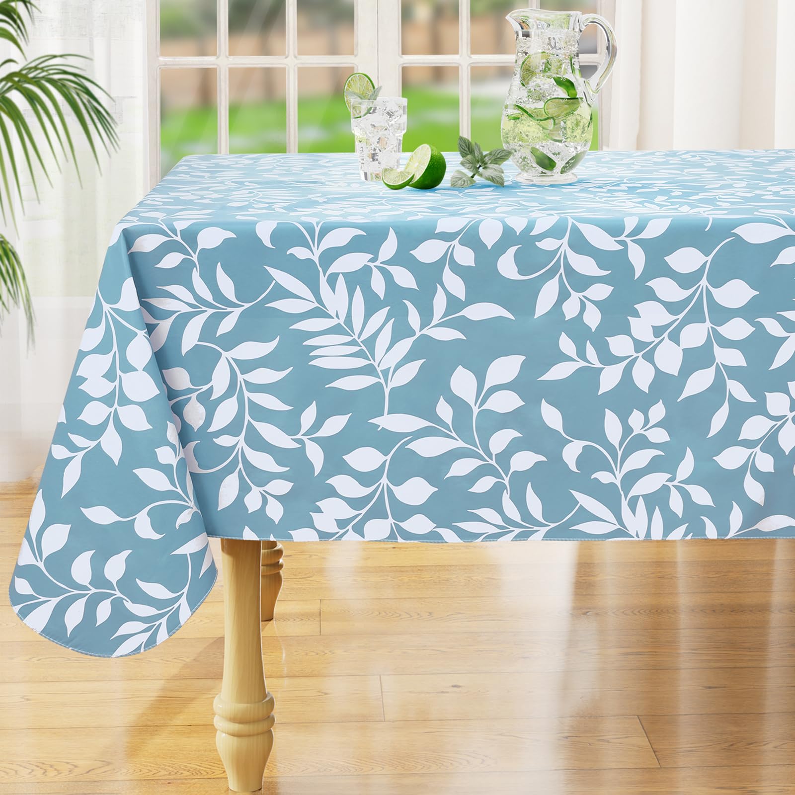 misaya Square Waterproof Vinyl Table Cloth, Wipeable Tablecloth with Flannel Backing, Plastic Table Cover for Dinner, Picnic, Indoor and Outdoor (Blue Leaves, 54" x 54")