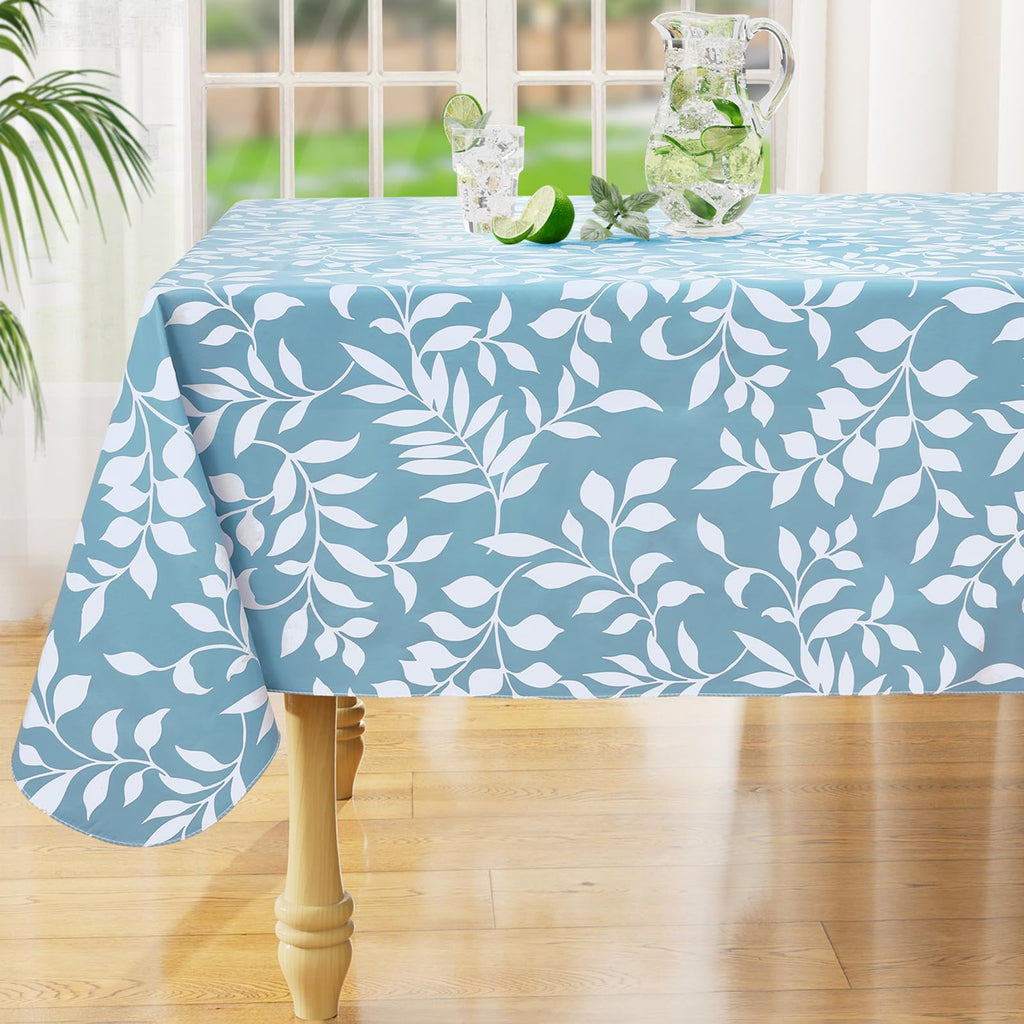 misaya Square Waterproof Vinyl Table Cloth, Wipeable Tablecloth with Flannel Backing, Plastic Table Cover for Dinner, Picnic, Indoor and Outdoor (Blue Leaves, 54" x 54")
