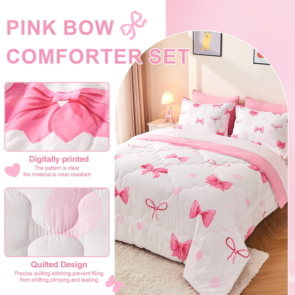 Wajade 7 Piece Blue Bow Comforter Set for Girls Kids Twin Size Bedding Set with Sheet and 2 Pillowcases 2 Pillow Shams Cute Girls Bed in a Bag as Birthday Choice