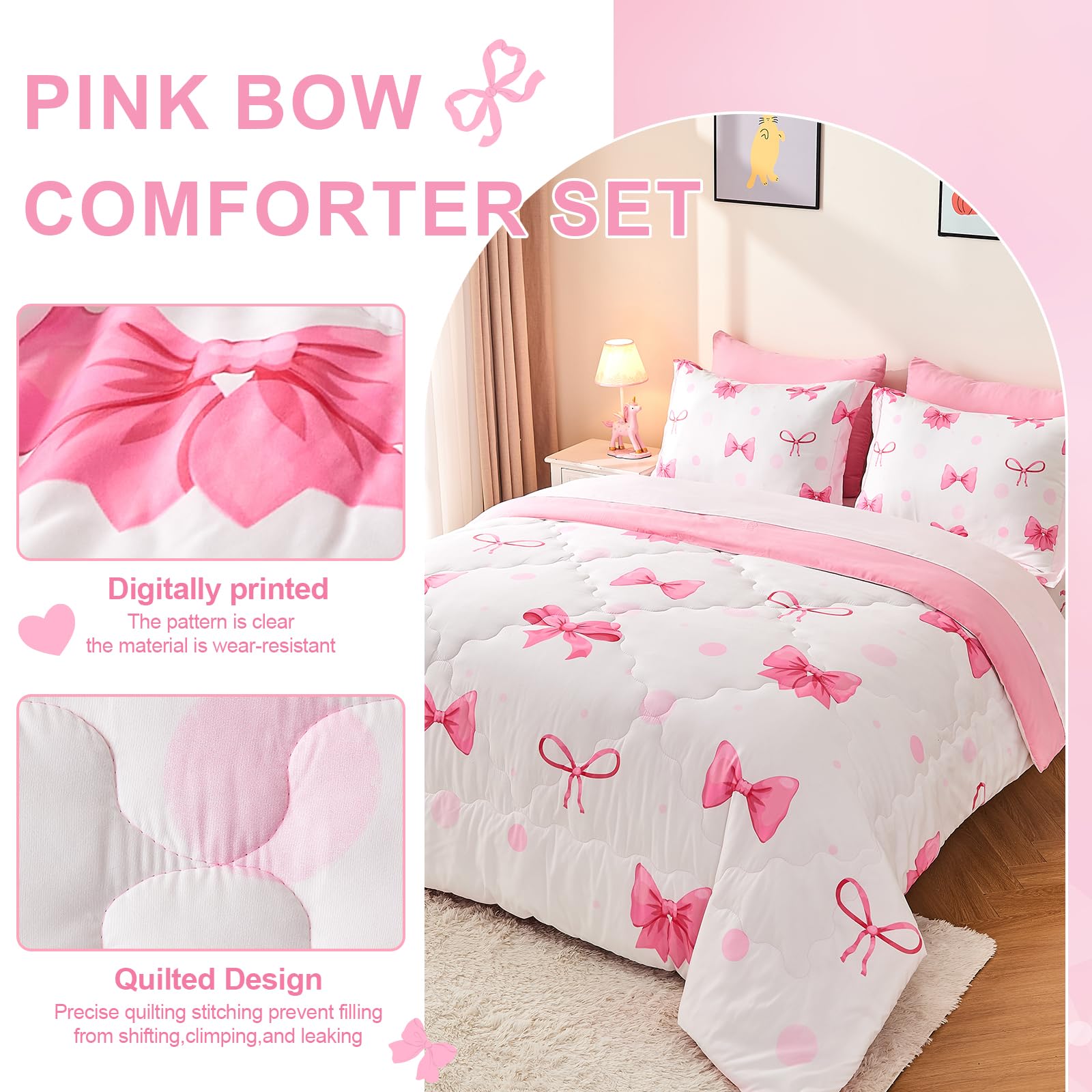 Wajade 7 Piece Blue Bow Comforter Set for Girls Kids Twin Size Bedding Set with Sheet and 2 Pillowcases 2 Pillow Shams Cute Girls Bed in a Bag as Birthday Choice