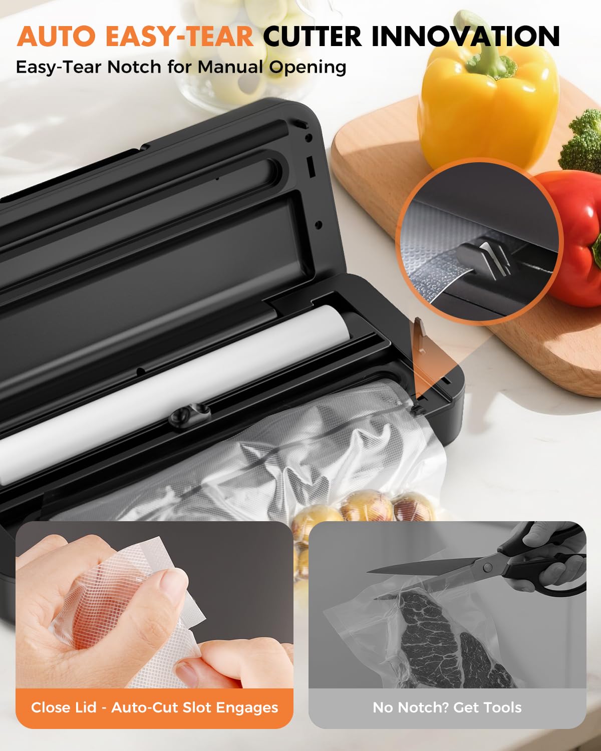 Vacuum Sealer for Food, 95kPa Food Vacuum Saver Sealer Machine, 12L/min 135W Fast-Sealing with Auto Tear-Cut,Digital Timer, Built-in Bag Storage, Cutter and One Bag Roll, 9-in-1 Compact Vacuum Sealer