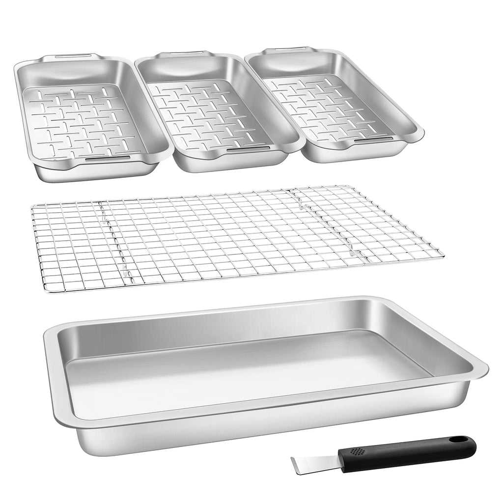 VIKEYHOME Grill Carry System, 6-Piece Stainless Steel Large Food Prep Tray, 16.5" x 11" Pan, Outdoor Grill with Cooling Rack for Vegetables, Fish, Meat, Great Grilling Gifts for Men