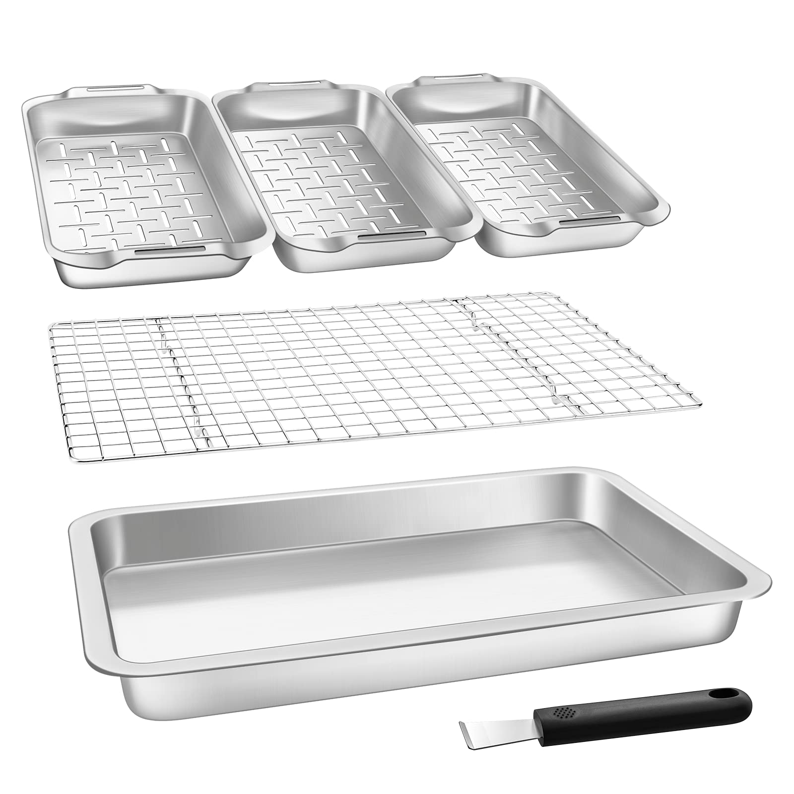 VIKEYHOME Grill Carry System, 6-Piece Stainless Steel Large Food Prep Tray, 16.5" x 11" Pan, Outdoor Grill with Cooling Rack for Vegetables, Fish, Meat, Great Grilling Gifts for Men