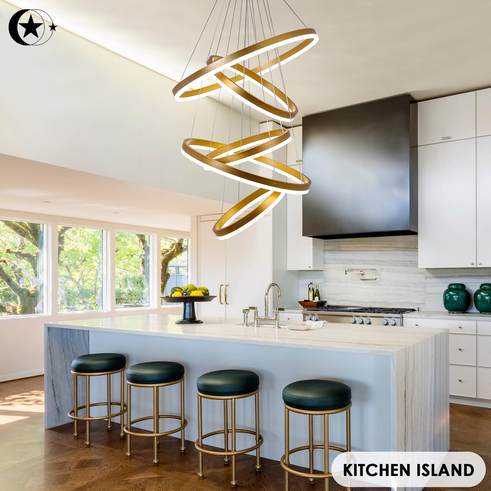 5-Rings Modern LED Chandelier Black Dimmable High Ceiling Chandelier for Dining Room with Remote Control for Foyer Living Room Entryway Staircase(D23.6’’, 3000K-6500K)