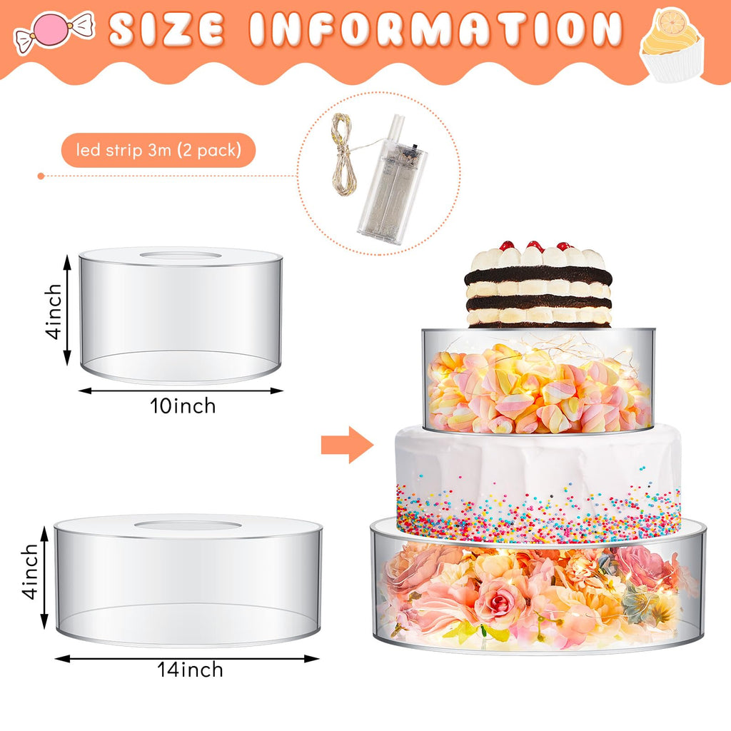Sunnyray 2 Pcs Acrylic Cake Stands for Dessert Table Clear Fillable Cake Riser Cupcake Tier with LED Strings for Birthday Wedding Holiday Party Display(6'', 8'')