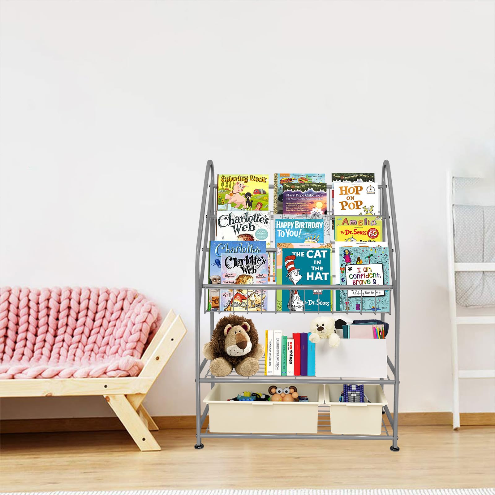 aboxoo Metal Kids Bookshelf Black Large Freestanding for Children Room 32 in Toy Organizer Large Stable Bookcase Bookstore Library Book Unit Storage Kids Bed Living Room
