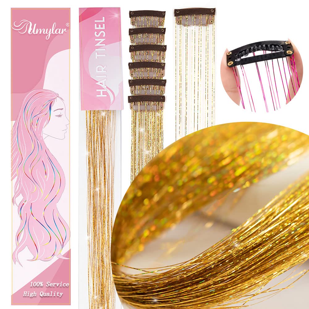 Clip in Hair Tinsel, Pack of 12 Pcs 20 Inch,Glitter Tinsel Hair Extensions, Festival Tinsel Fairy Hair Extension Party Dazzle Hair Accessories Strands Kit for Women Girls(12Pcs,Black#)