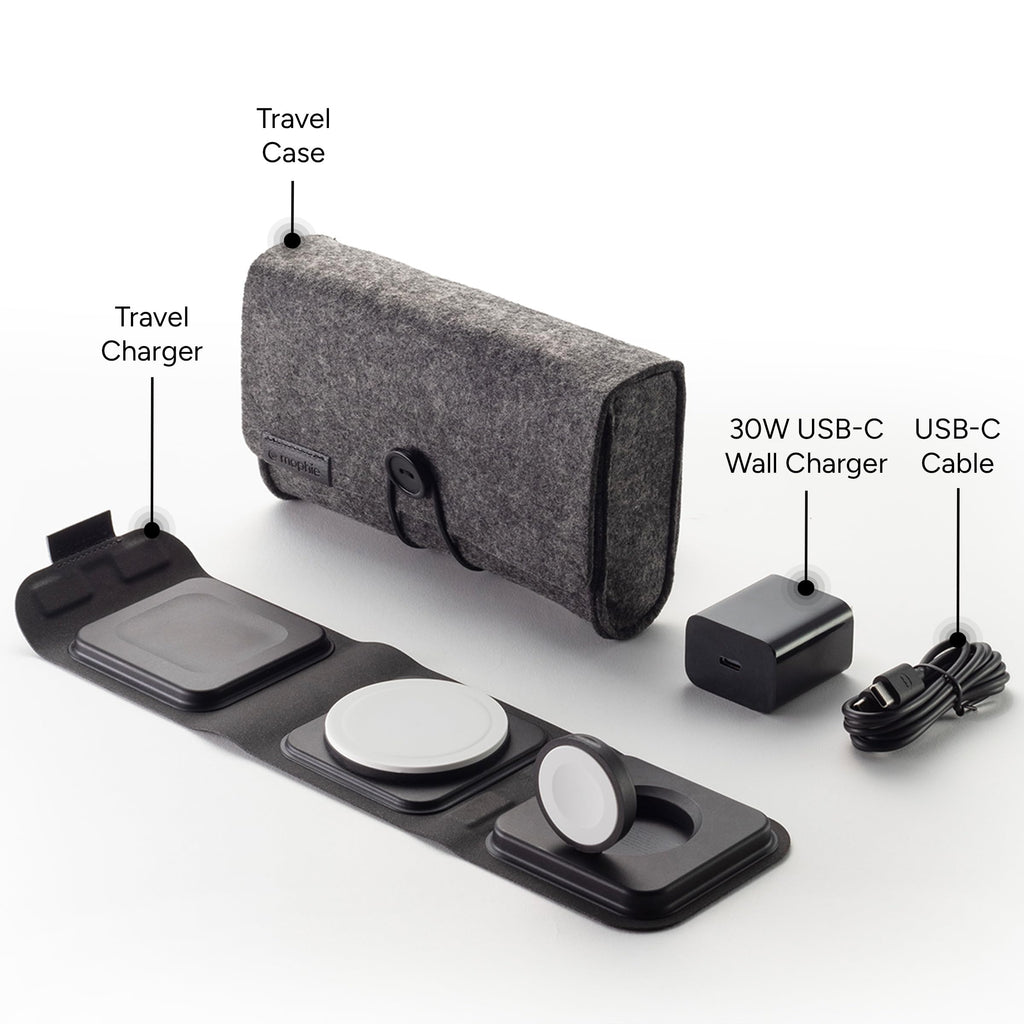 Mophie 3-in-1 Travel Charger with MagSafe - Portable Wireless Charging Hub, Compatible w/Apple Devices, iPhone 17/16/15/14/13/12 Series, Apple Watch Series 11 to 1 & Ultra, AirPods Pro/3rd Gen, Black