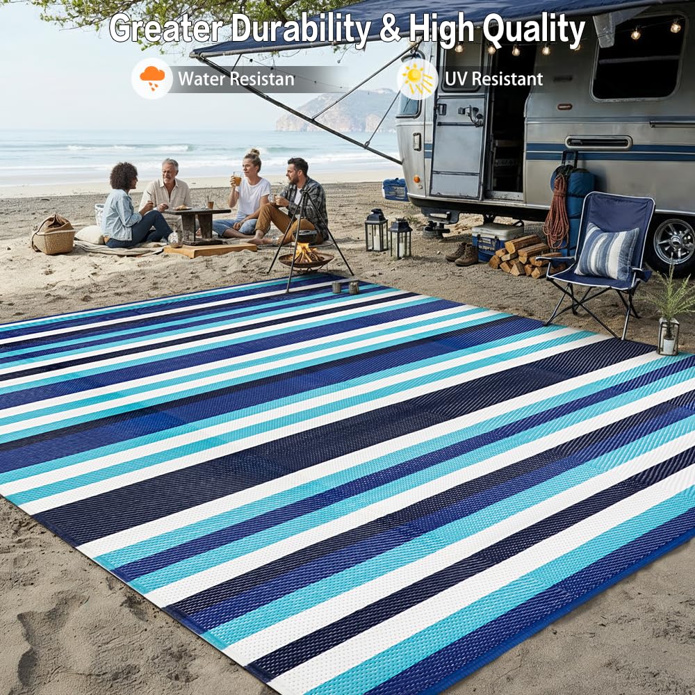 HUGEAR Outdoor Patio Rug 3'x5' Waterproof Outside Area Rugs Blue Reversible Plastic Straw Carpet for RV Deck Camping Entryance Porch Picnic Balcony Beach