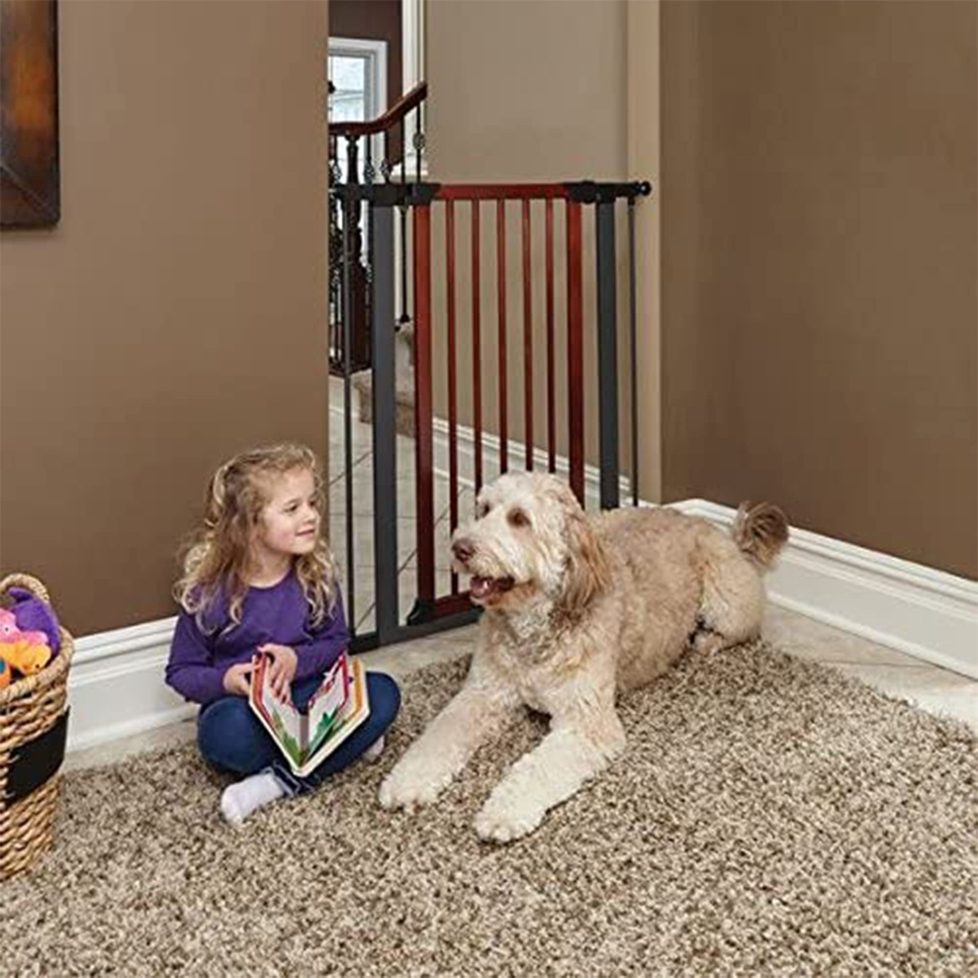 Midwest 29" Walk-Thru Dog Gate, Wooden Door | Steel Frame, Pressure Mounted, Expands 29.5"-38" Wide, Auto-Close Door, Latch Closure, Includes Two 3" Extensions