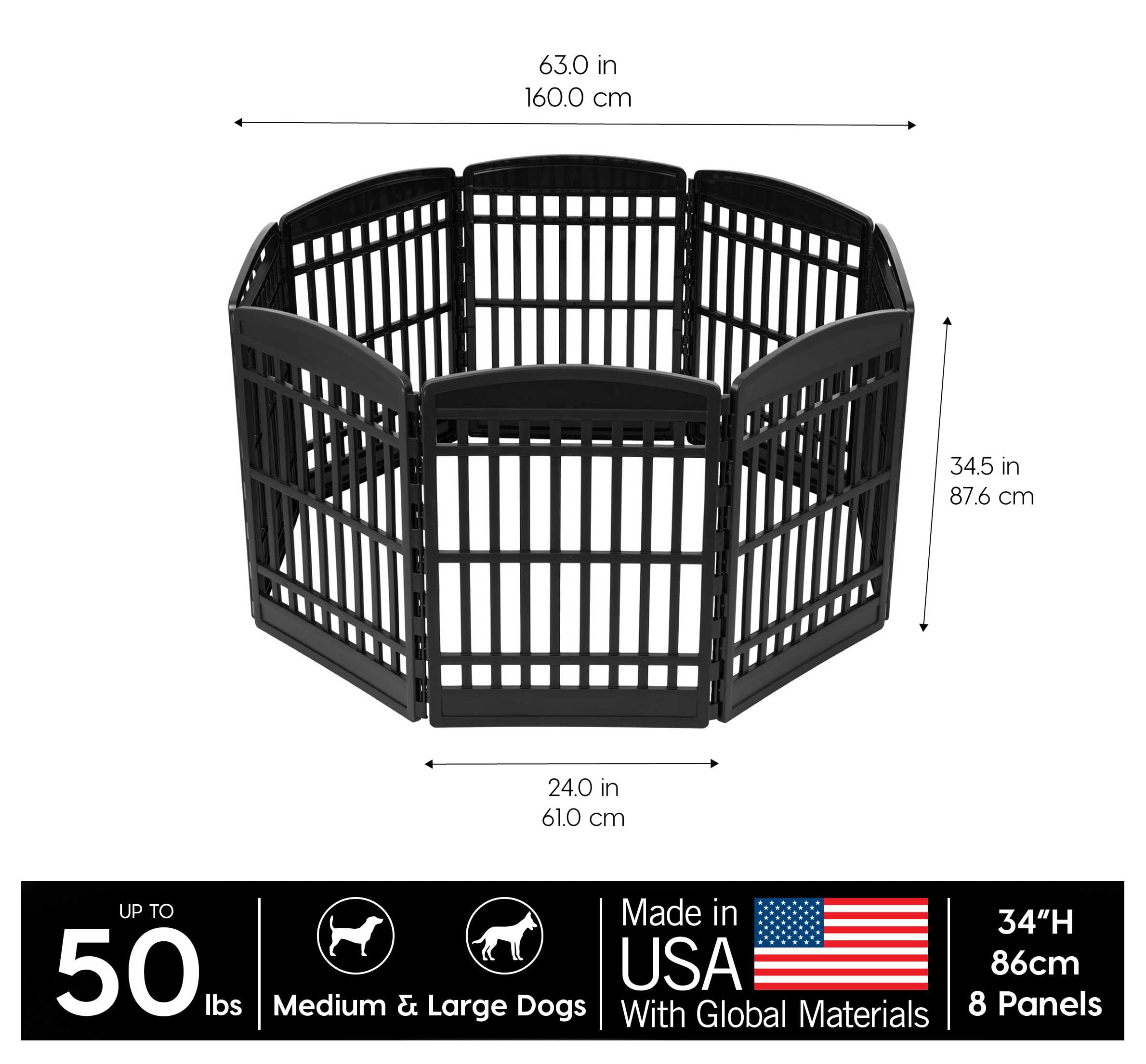 IRIS USA Dog Playpen 24" 4-Panel Puppy Playpen, 35 x 35 x 24, Dog Playpen, Dog Play Pen Indoors, Pet Fence, Puppies/Small Dogs, Black