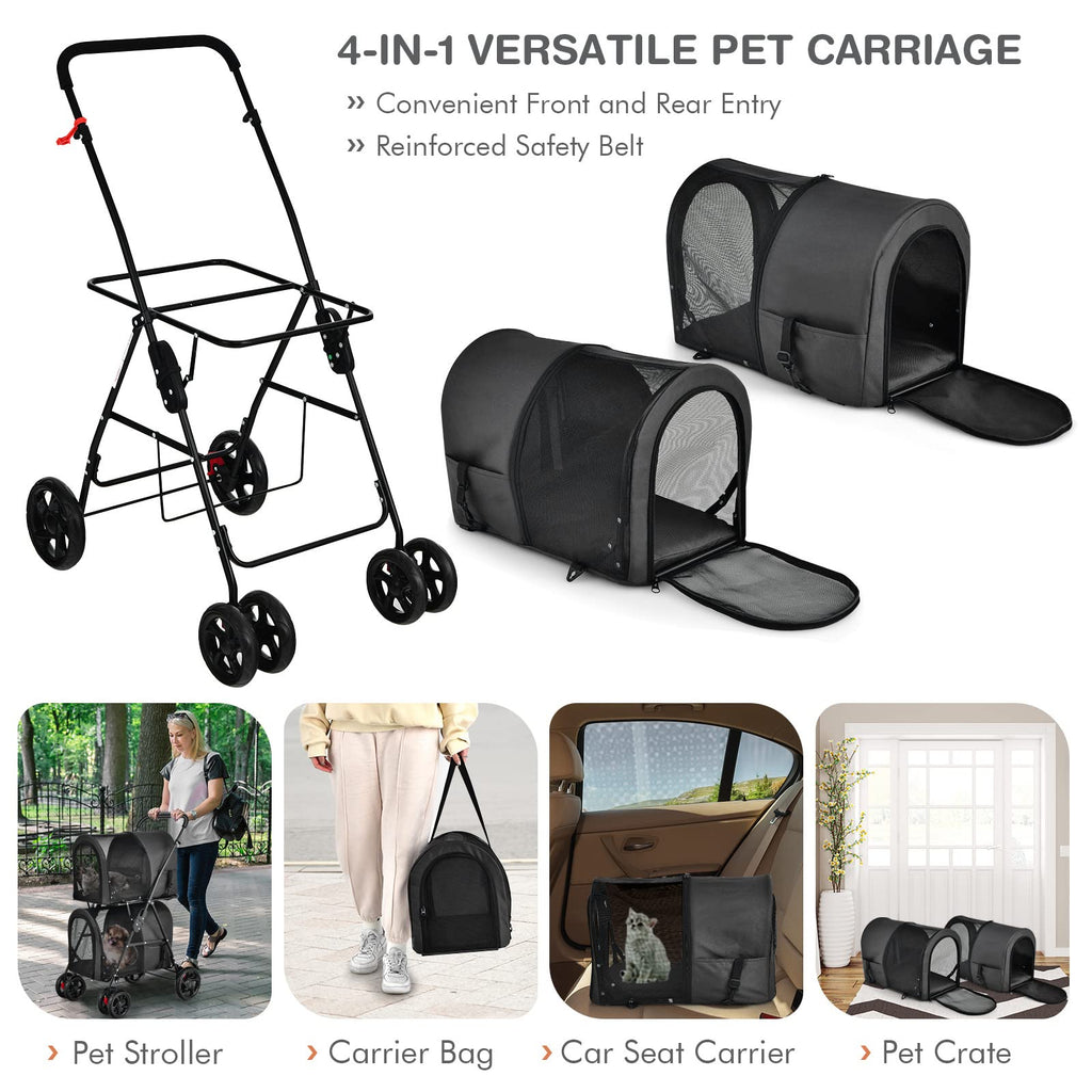 Giantex Double Pet Stroller with 2 Detachable Carrier Bags, Safety Belt, 4 Lockable Wheels, Folding Cat & Dog Stroller for Small Medium Pets, Cats Dogs Puppy Travel Strolling Cart (Beige)