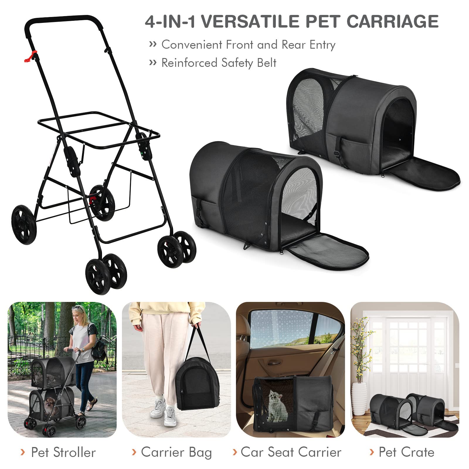 Giantex Double Pet Stroller with 2 Detachable Carrier Bags, Safety Belt, 4 Lockable Wheels, Folding Cat & Dog Stroller for Small Medium Pets, Cats Dogs Puppy Travel Strolling Cart (Beige)