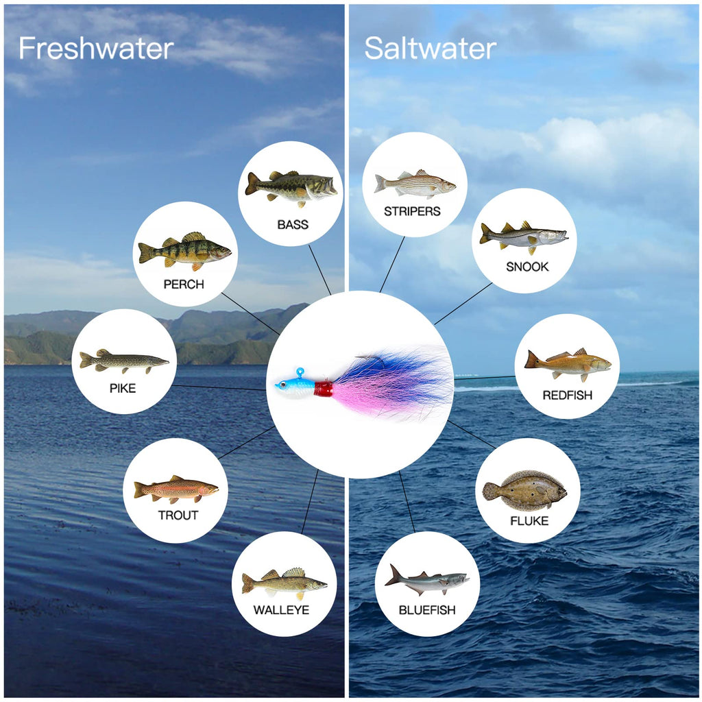Dr.Fish 3 Pack Bucktail Jig Lure Hair Jig Saltwater Freshwater Lures Surf Fishing Bass Flounder Striper Bluefish Halibut Redfish