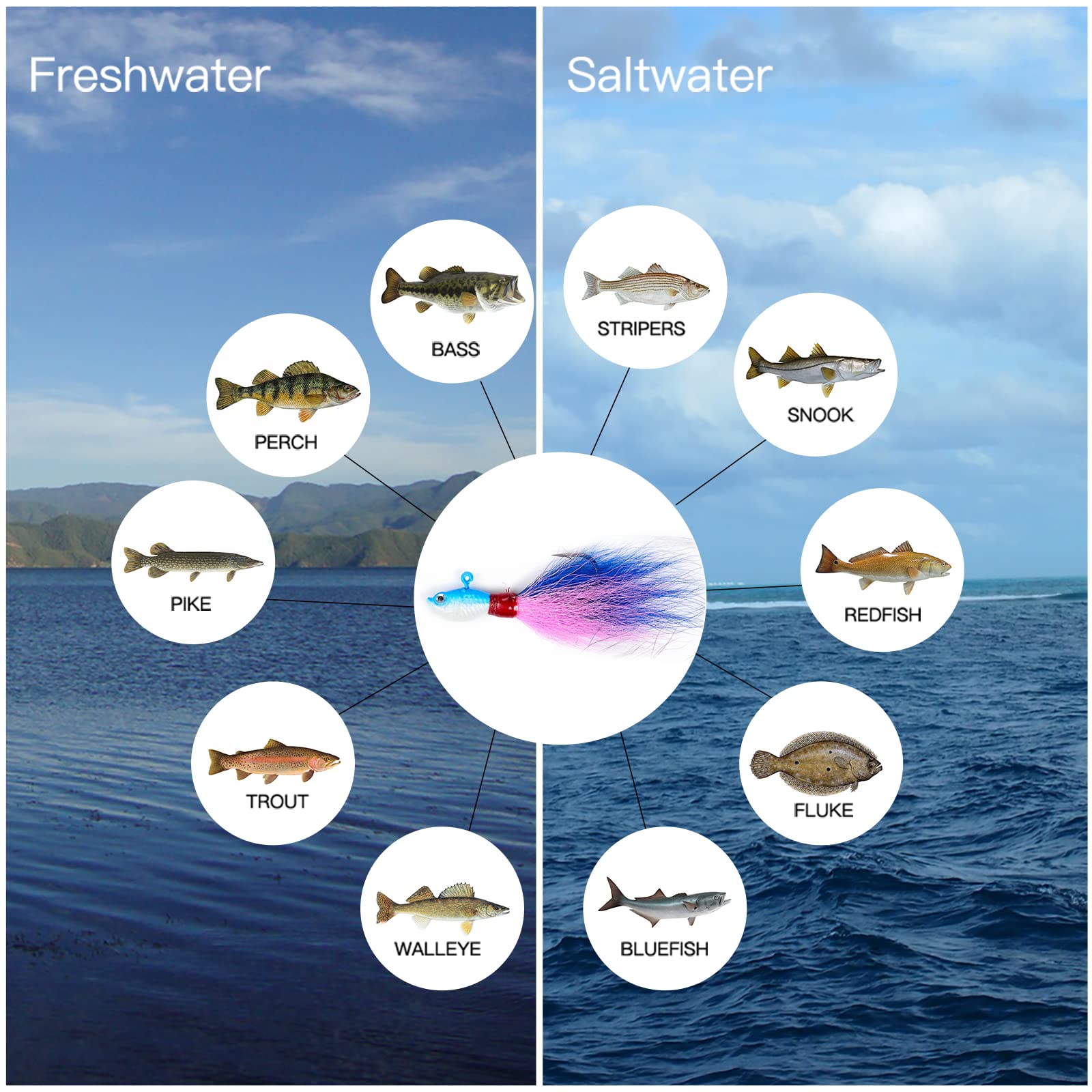 Dr.Fish 3 Pack Bucktail Jig Lure Hair Jig Saltwater Freshwater Lures Surf Fishing Bass Flounder Striper Bluefish Halibut Redfish