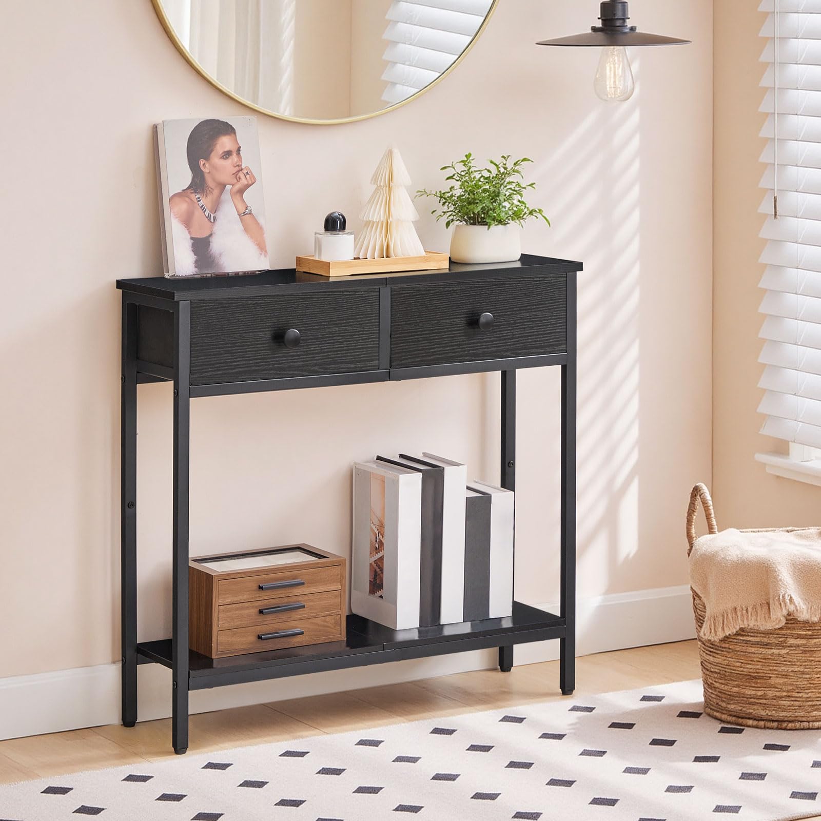HOOBRO 29.5" Narrow Console Table with 2 Fabric Drawers, Small Entryway Table with 2-Tier Storage Shelves, Sofa Table, Behind Couch Table, for Living Room, Hallway, Black BB71XG01
