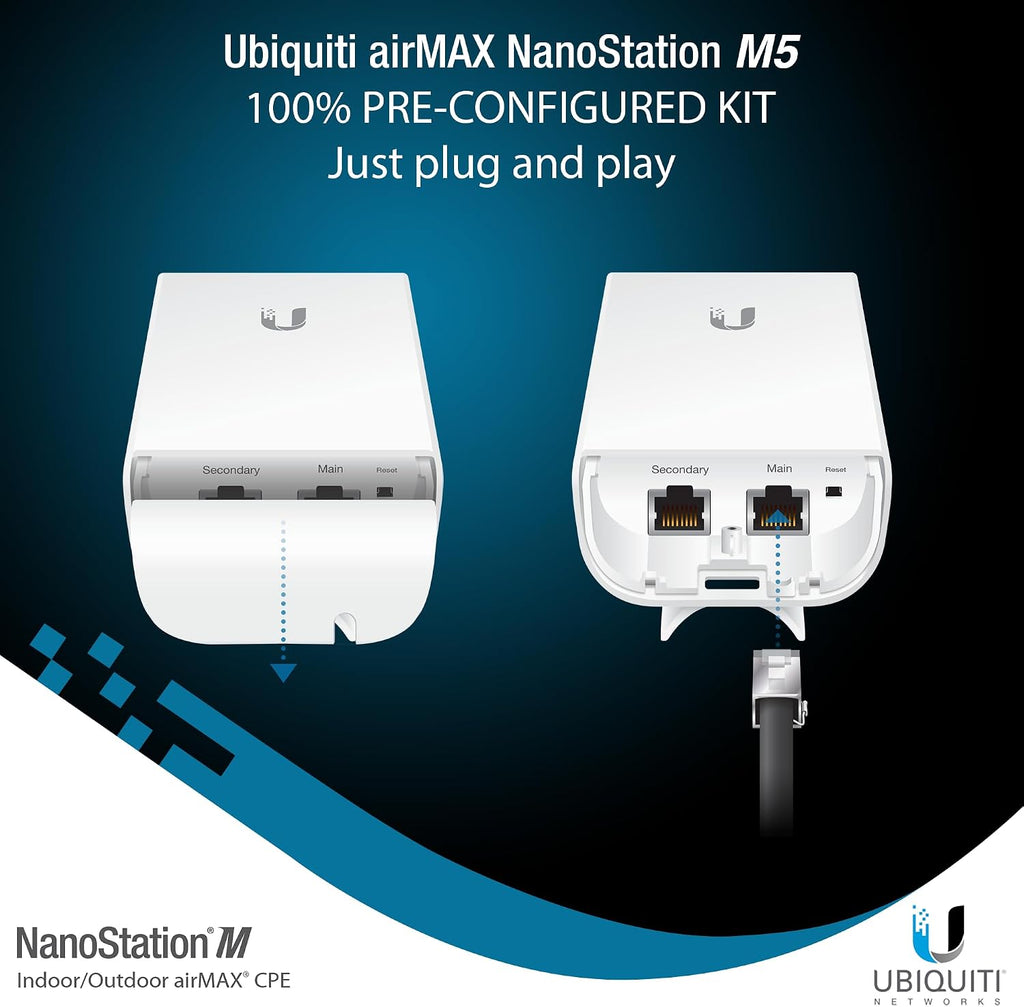 Wireless Bridge Ubiquiti NanoStation M5 PRE-CONFIGURED Bundle of 2 Ubiquiti airMAX NSM5-US, Point to Point Outdoor WiFi Bridge, Plugh and Play, 5GHz, 150+Mbps, 15+km Link Range, Network WiFi Bridge.