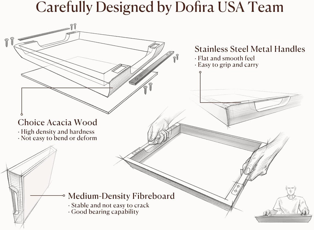 Acacia Wood Serving Tray with Metal Handle, 17x13in Tray for Ottoman