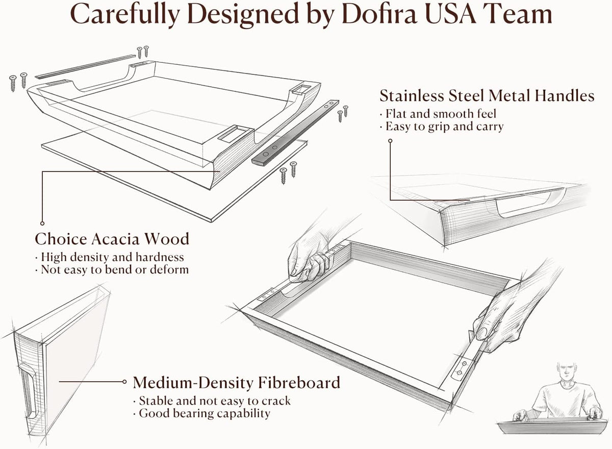 Acacia Wood Serving Tray with Metal Handle, 17x13in Tray for Ottoman
