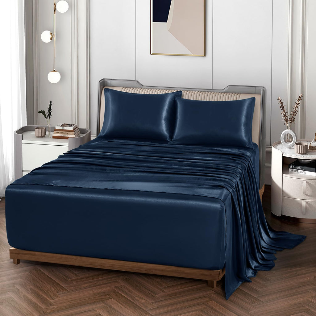 Vonty Extra Deep Pocket Full Sheet Sets - Cooling & Silky Satin Full Size Sheets with 18-24 Inch Deep Pocket, Black Satin Bed Sheets Fit Up to 24" Deep Mattress - 4 Piece Set