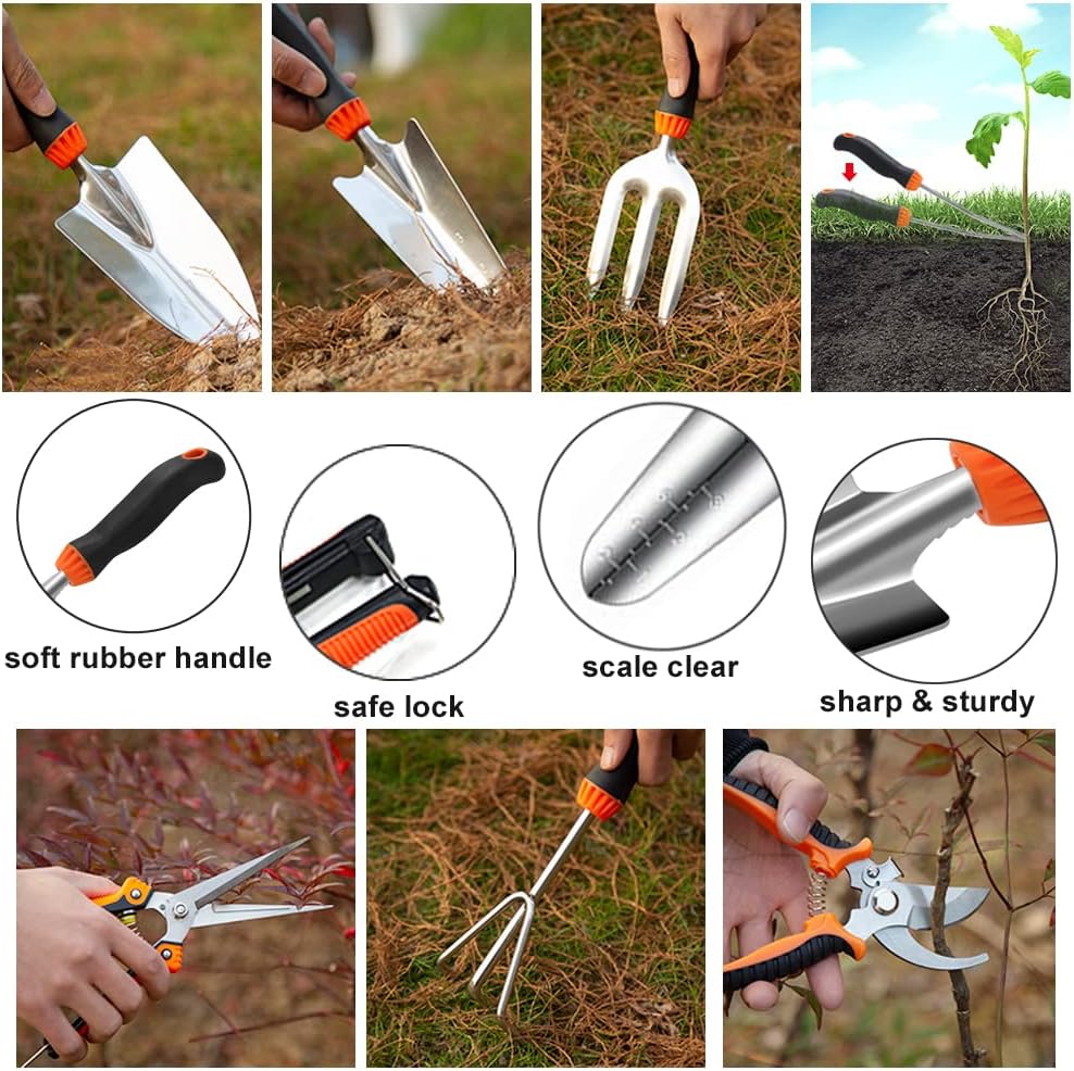 Garden Tool Set, 10 PCS Stainless Steel Heavy Duty | Soft Rubberized Non-Slip Ergonomic Handle, Storage Tote Bag, Gifts for Women and Men