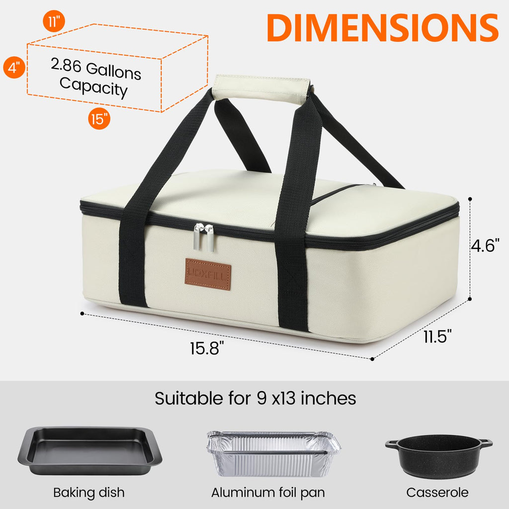 Food Warmer Electric Casserole Carrier - Large Heated Lunch Bag for Car Truck, 12V/24V/110V, Thermos for hot food for Potluck Cookouts Parties Picnic,Lasagna Lugger,Fits 9"x13" Baking Pan (Beige)
