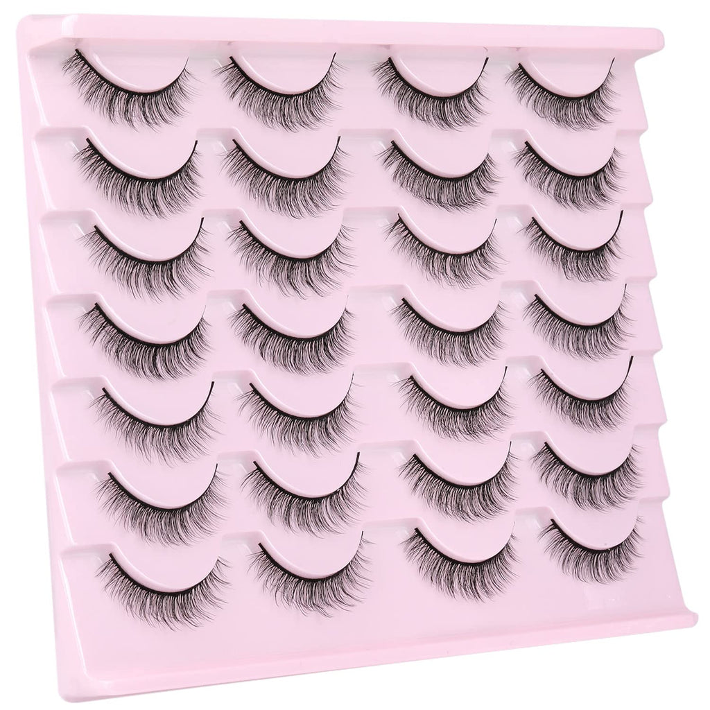 False Lashes Natural Look Wispy Eyelashes Manga Korean Spiky 16mm Short Faux Mink Eyelashes Cat Eye Natural Fake Eyelashes Strip Lashes Pack 14 Pairs