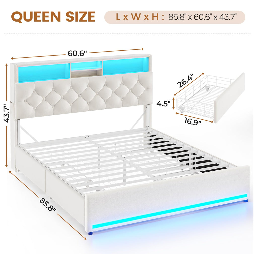 BTHFST Twin Bed Frames with Headboard & 4 Drawers, LED Bed Frame Twin with Charging Station, Upholstered and Metal Twin Bed with Storage, No Box Spring Needed, Black PU