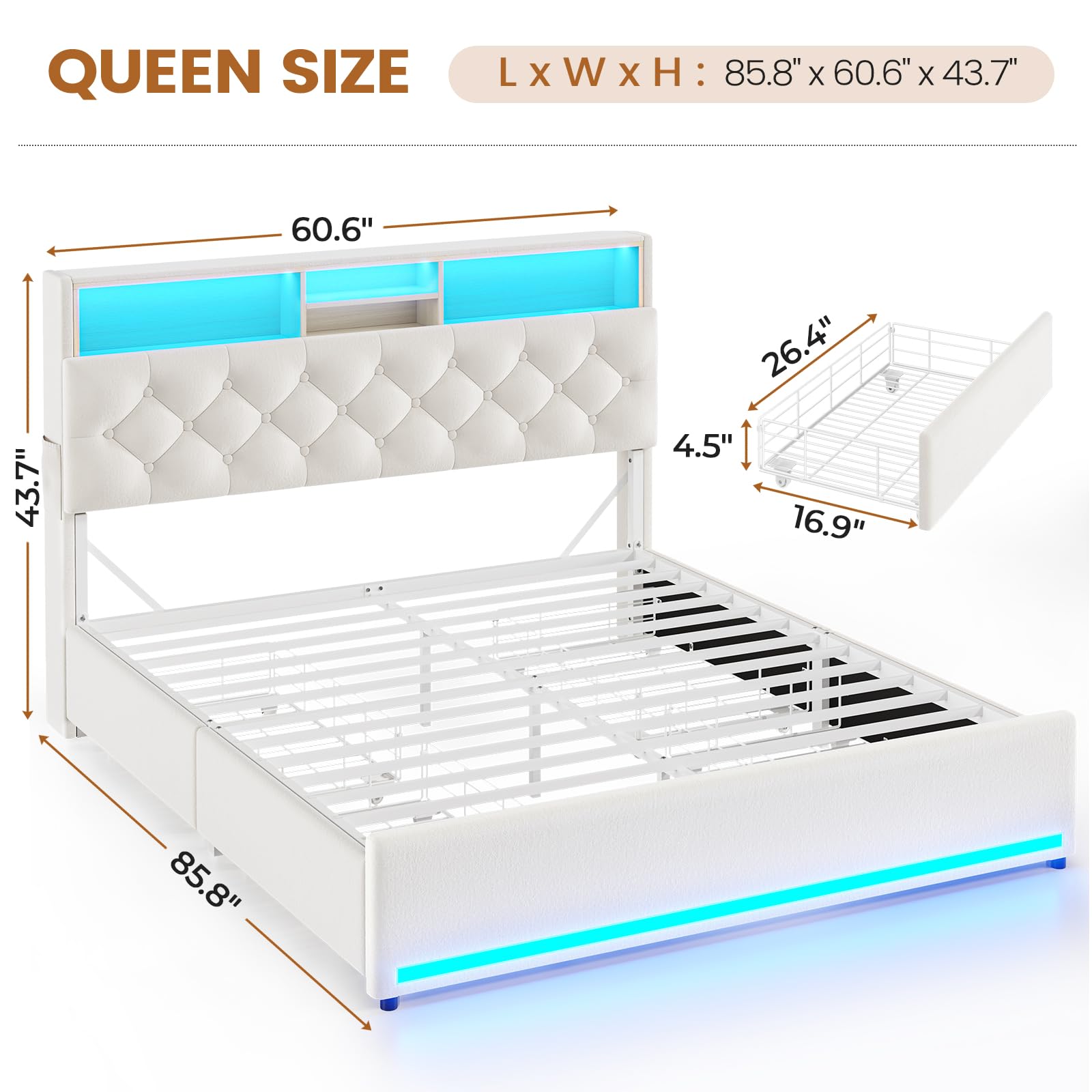 BTHFST Twin Bed Frames with Headboard & 4 Drawers, LED Bed Frame Twin with Charging Station, Upholstered and Metal Twin Bed with Storage, No Box Spring Needed, Black PU