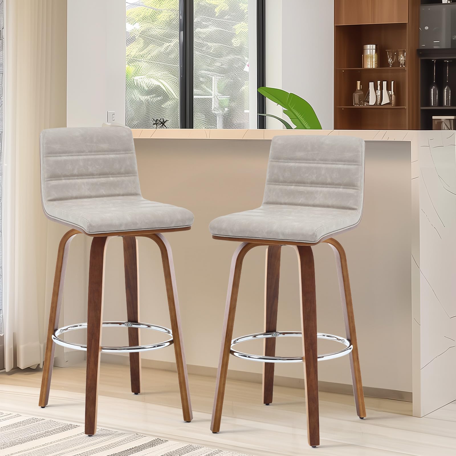 Bar Stools 29 Inch Bar Height, Swivel Bar Stools with Backs Upholstered PU Leather Barstool, L Shape Back and Padded Seat, Mid-Century Modern Bar Stool Pub Chairs for Kitchen Counter Island, Black