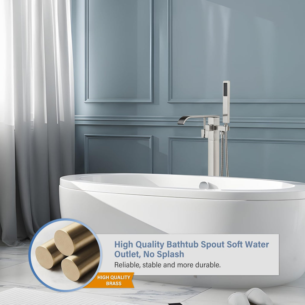 Brushed Gold Freestanding Bathtub Faucet with Hand Shower Tub Filler Faucet Floor Mounted High Flow Single Handle Bath Filler Solid Brass