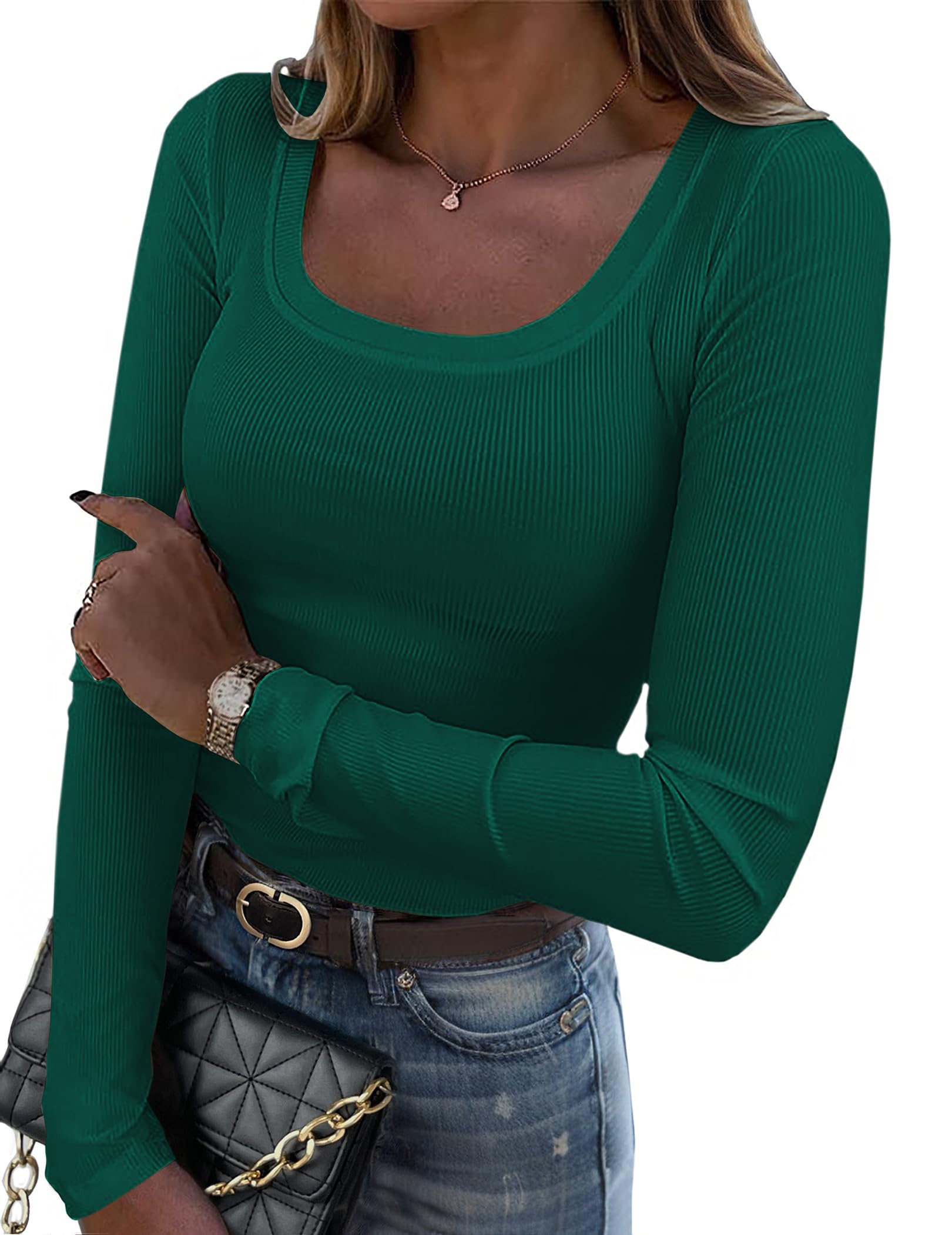 Zeagoo Women's Long Sleeve Scoop Neck Shirts Casual Slim Fit Rib Knit Tops Summer Fall Basic Business Work Tee