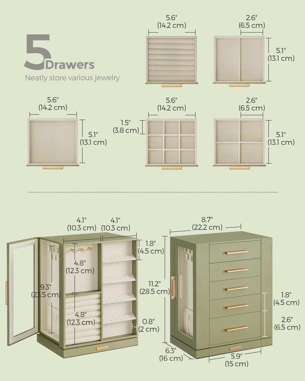 SONGMICS GISELLA Collection - Jewelry Box Organizer 360° Rotating, Vertical Jewelry Storage Case with 5 Drawers, Glass Window, Spacious, Open Design, Great Gift, Cloud White UJBC170W01